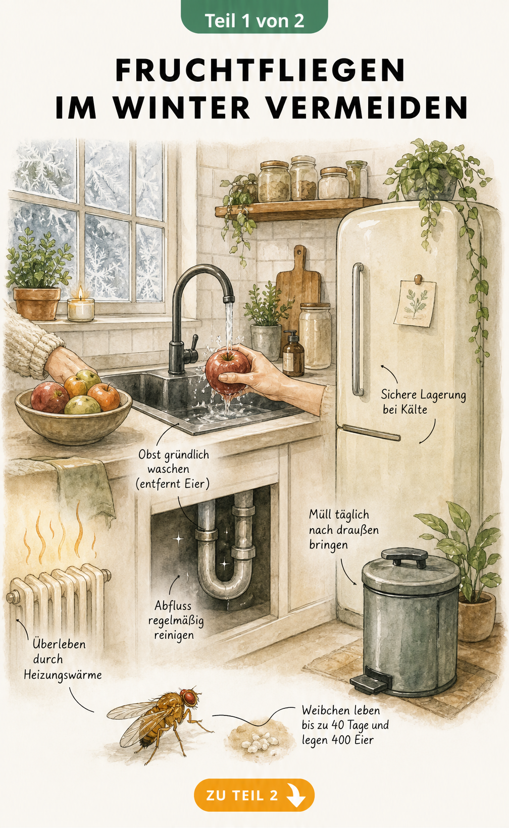 Illustration einer Küche mit Tipps zur Vermeidung von Fruchtfliegen im Winter: Obst waschen, Abfluss reinigen und Müll rausbringen.