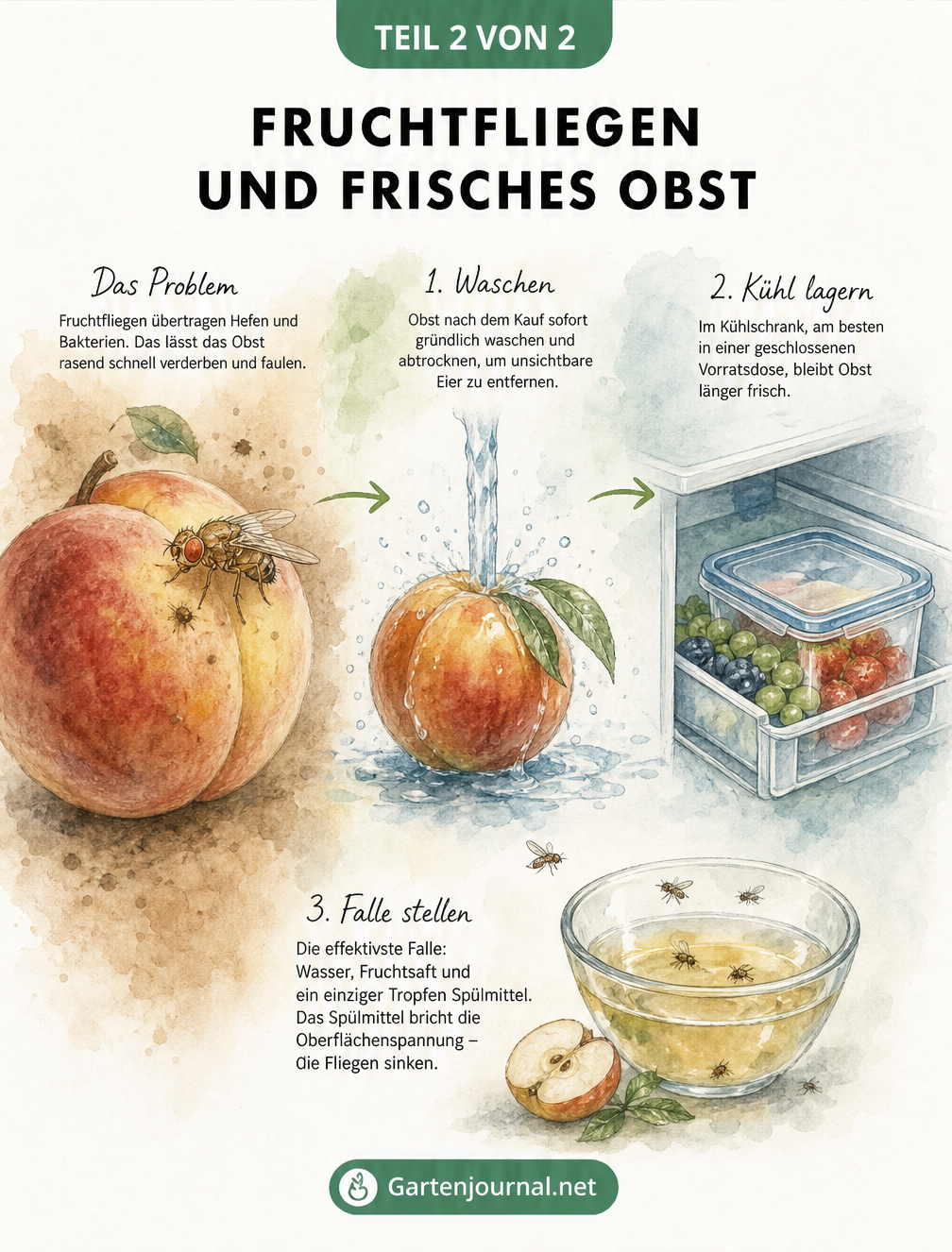Aquarell-Zeichnung, die zeigt, wie Fruchtfliegen Obst verderben, sowie Tipps zur richtigen Lagerung und einer effektiven Falle.
