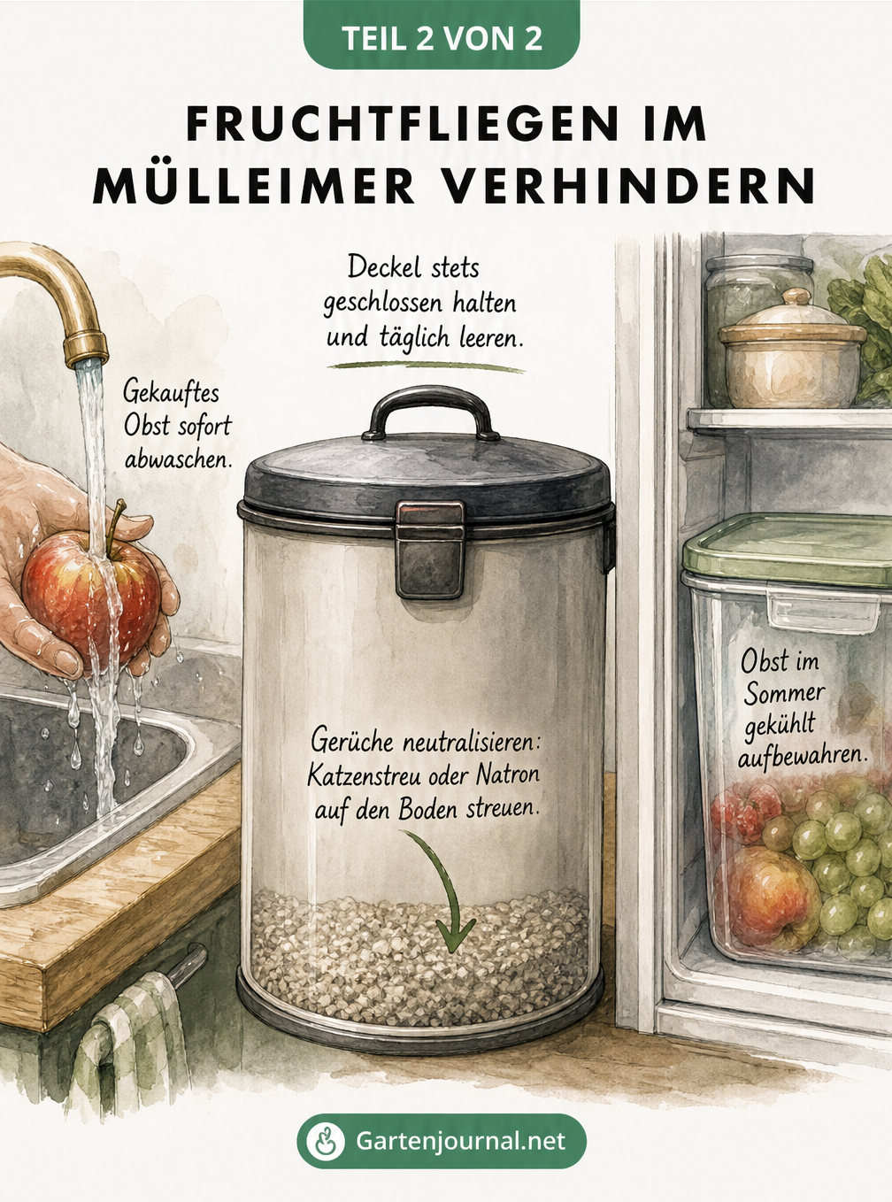 Illustration eines geschlossenen Mülleimers mit Katzenstreu am Boden, daneben wird Obst gewaschen und im Kühlschrank gelagert
