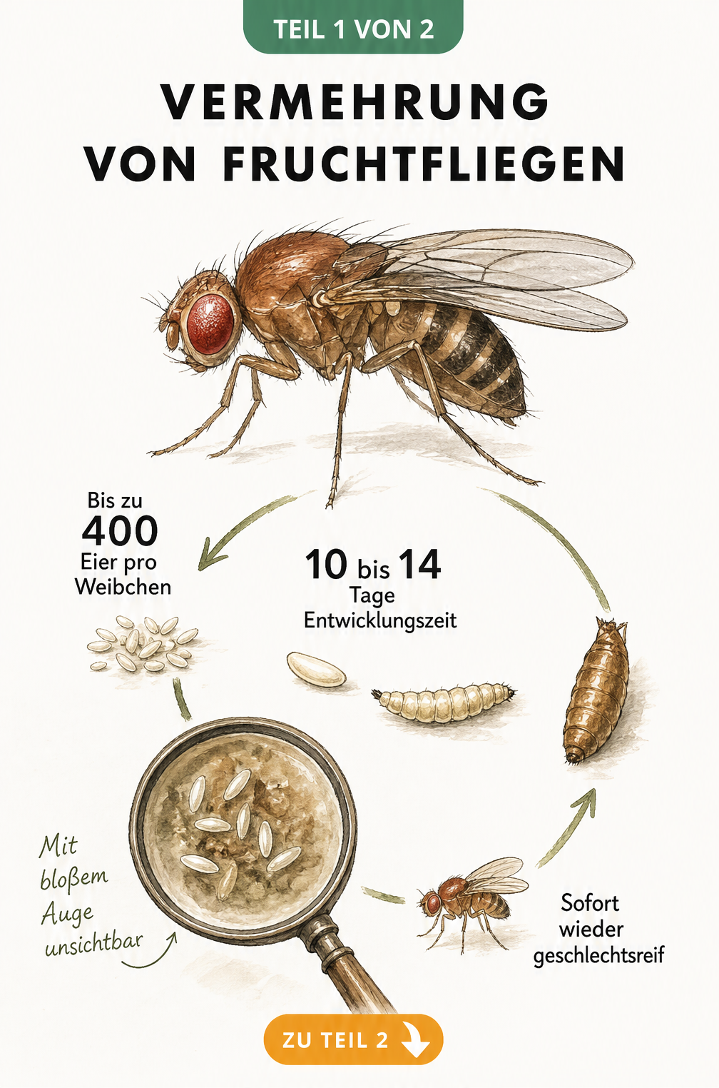 Illustration einer Fruchtfliege und stark vergrößerte Fruchtfliegeneier unter einer Lupe mit Zeitstrahl zur Vermehrung