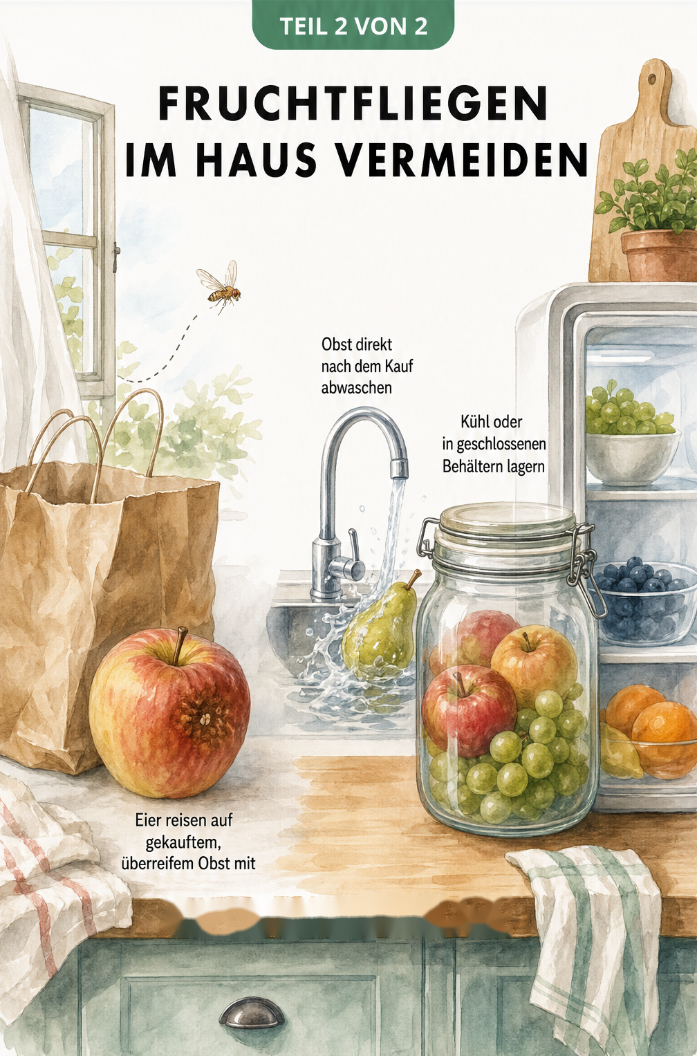 Aquarell-Illustration einer Küche, die zeigt, wie Fruchtfliegen auf Obst ins Haus gelangen und wie man sie durch Abwaschen und kühle Lagerung vermeidet