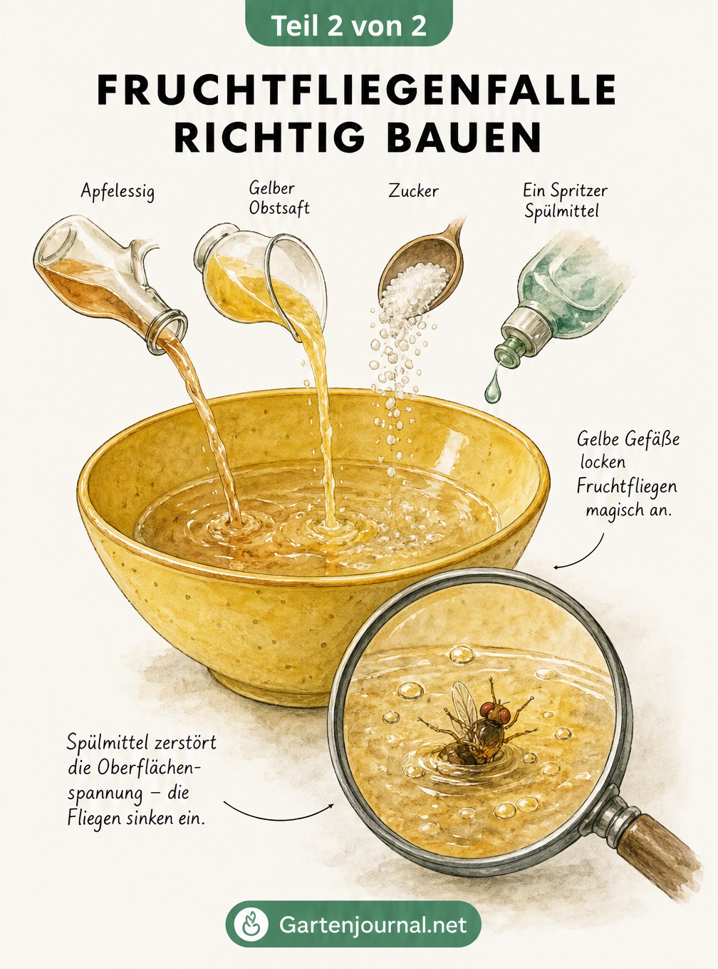 Illustration einer gelben Schale mit Apfelessig, Obstsaft, Zucker und Spülmittel als Fruchtfliegenfalle.