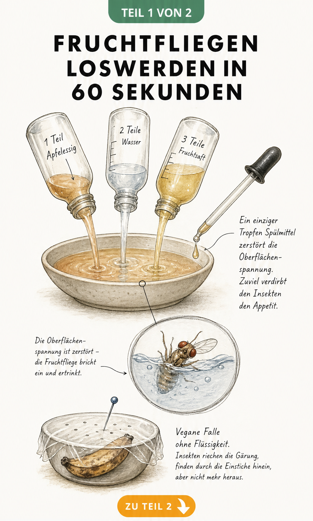 Skizze einer Fruchtfliegenfalle mit Apfelessig, Wasser, Fruchtsaft und Spülmittel sowie einer veganen Alternative mit Banane