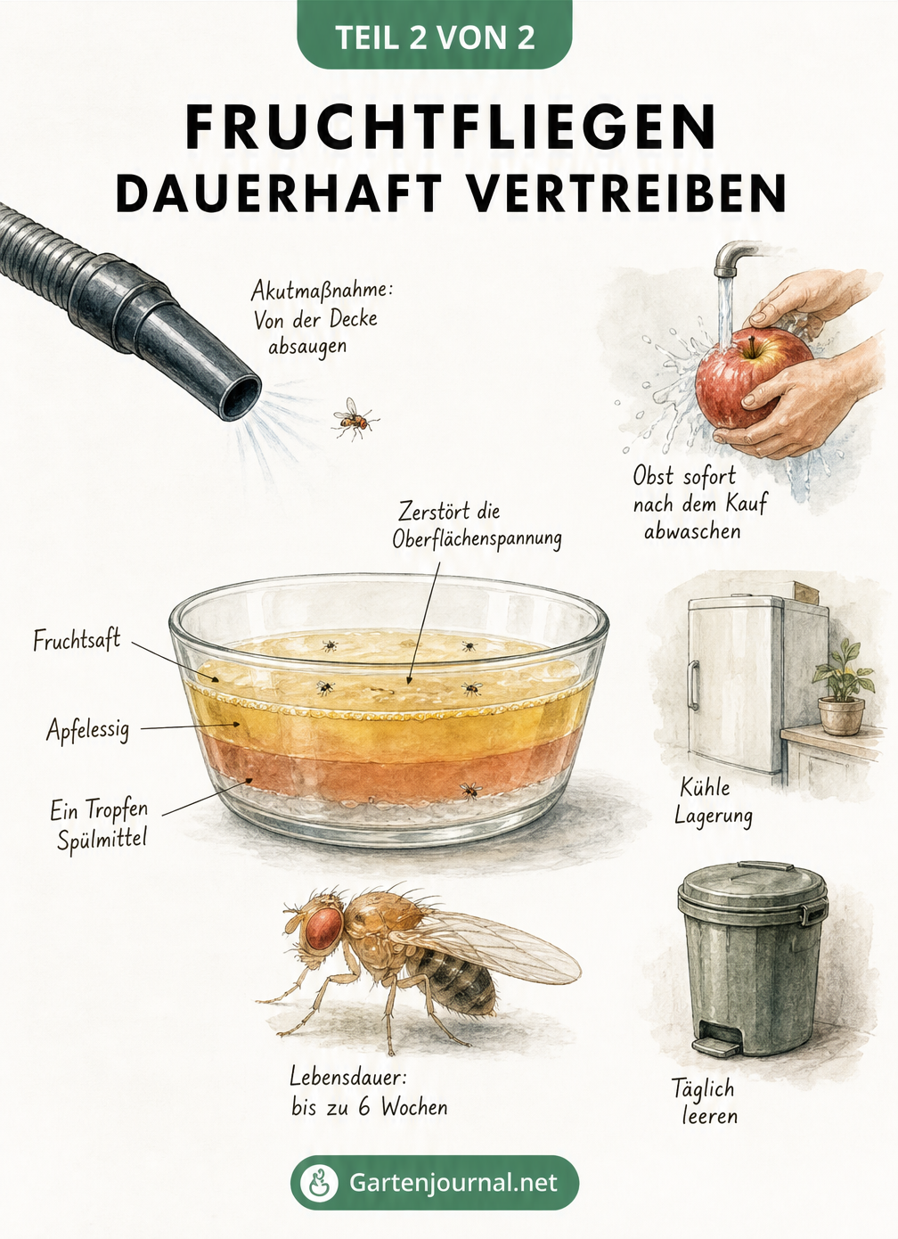 Illustration einer selbstgebauten Fruchtfliegenfalle aus Fruchtsaft, Apfelessig und Spülmittel sowie präventive Maßnahmen wie Obst waschen und kühle Lagerung.