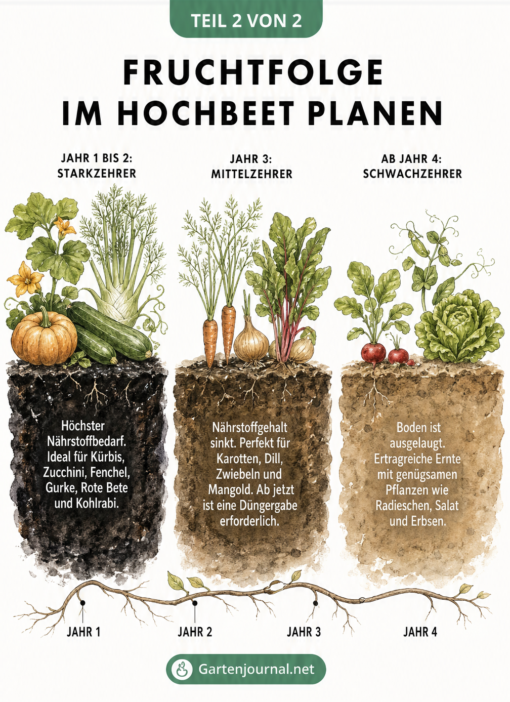 Schautafel zur Fruchtfolge im Hochbeet über vier Jahre mit Starkzehrern, Mittelzehrern und Schwachzehrern