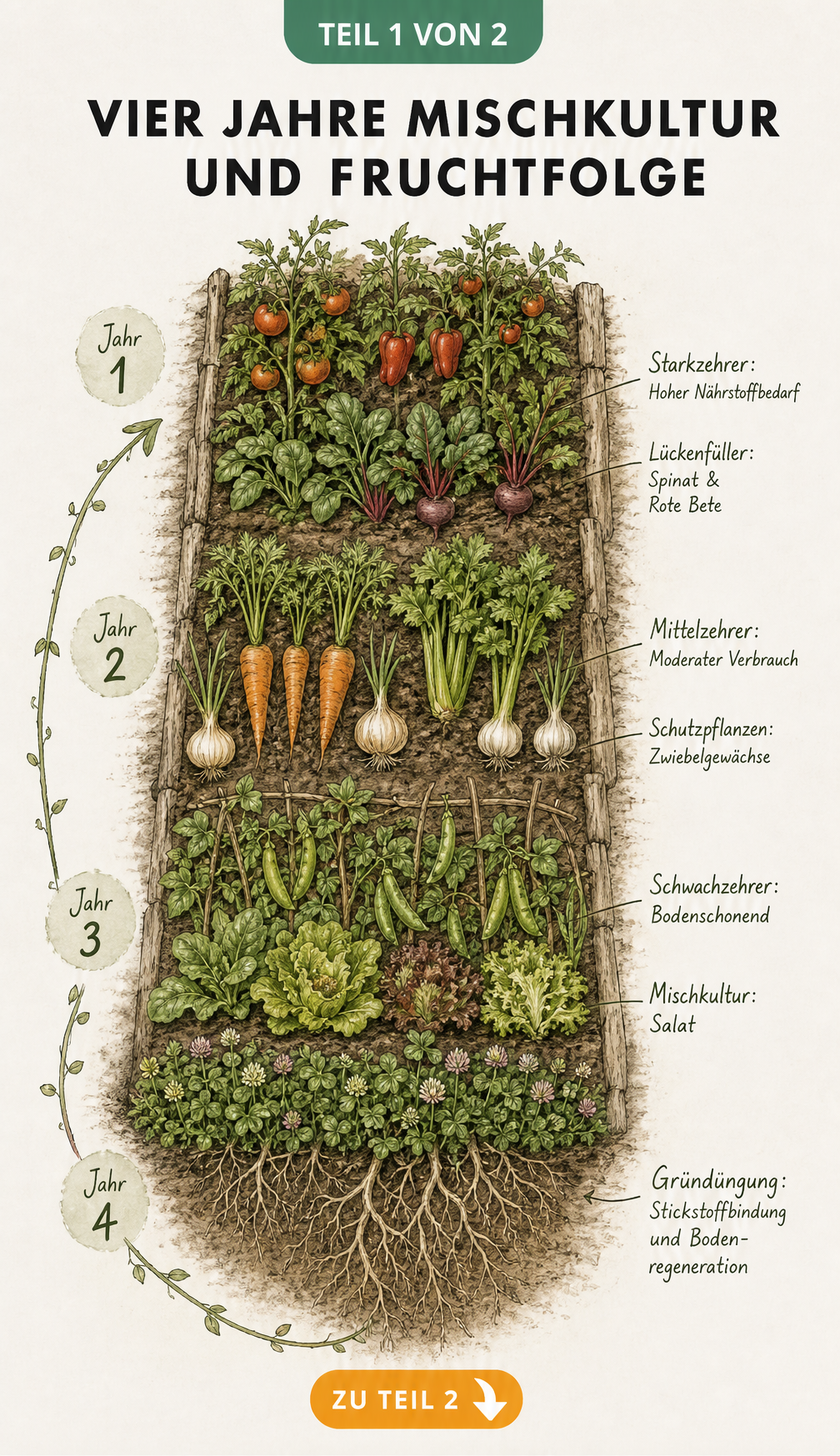 Aufsicht auf ein Gartenbeet mit vier Jahresabschnitten der Fruchtfolge, von Starkzehrern bis zur Gründüngung