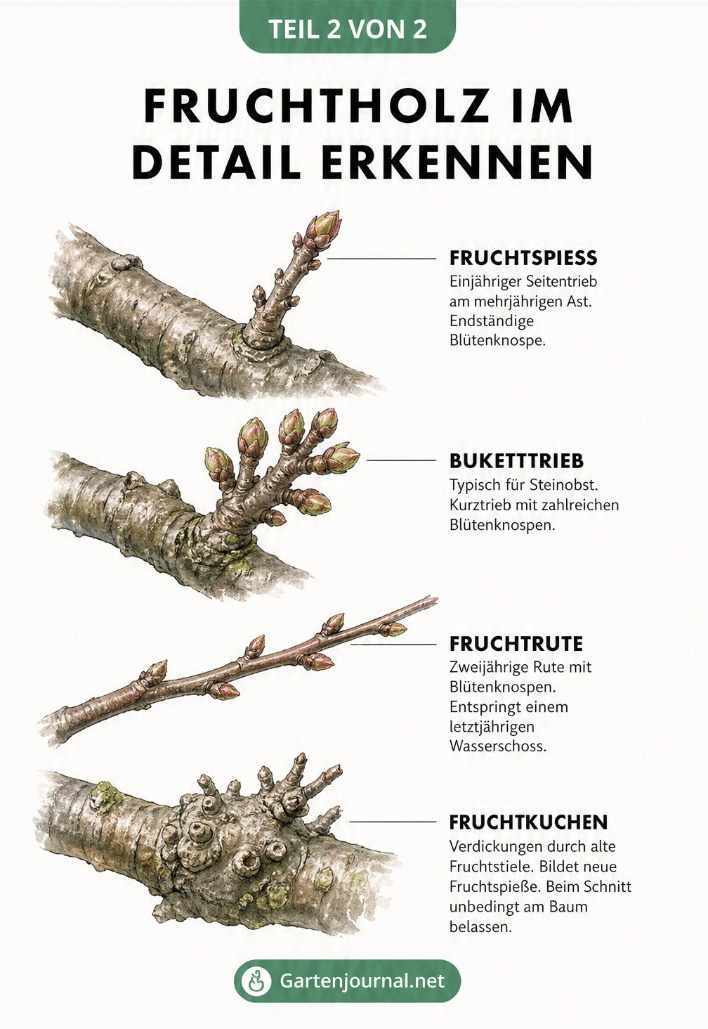 Detailzeichnungen von vier Fruchtholz-Arten: Fruchtspieß, Buketttrieb, Fruchtrute und Fruchtkuchen mit Erklärungen