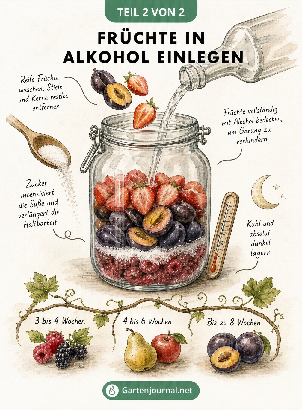 Handgezeichnete Skizze eines Einmachglases mit Arbeitsschritten zum Einlegen von Früchten in Alkohol und einem Zeitstrahl zur Mazerationsdauer