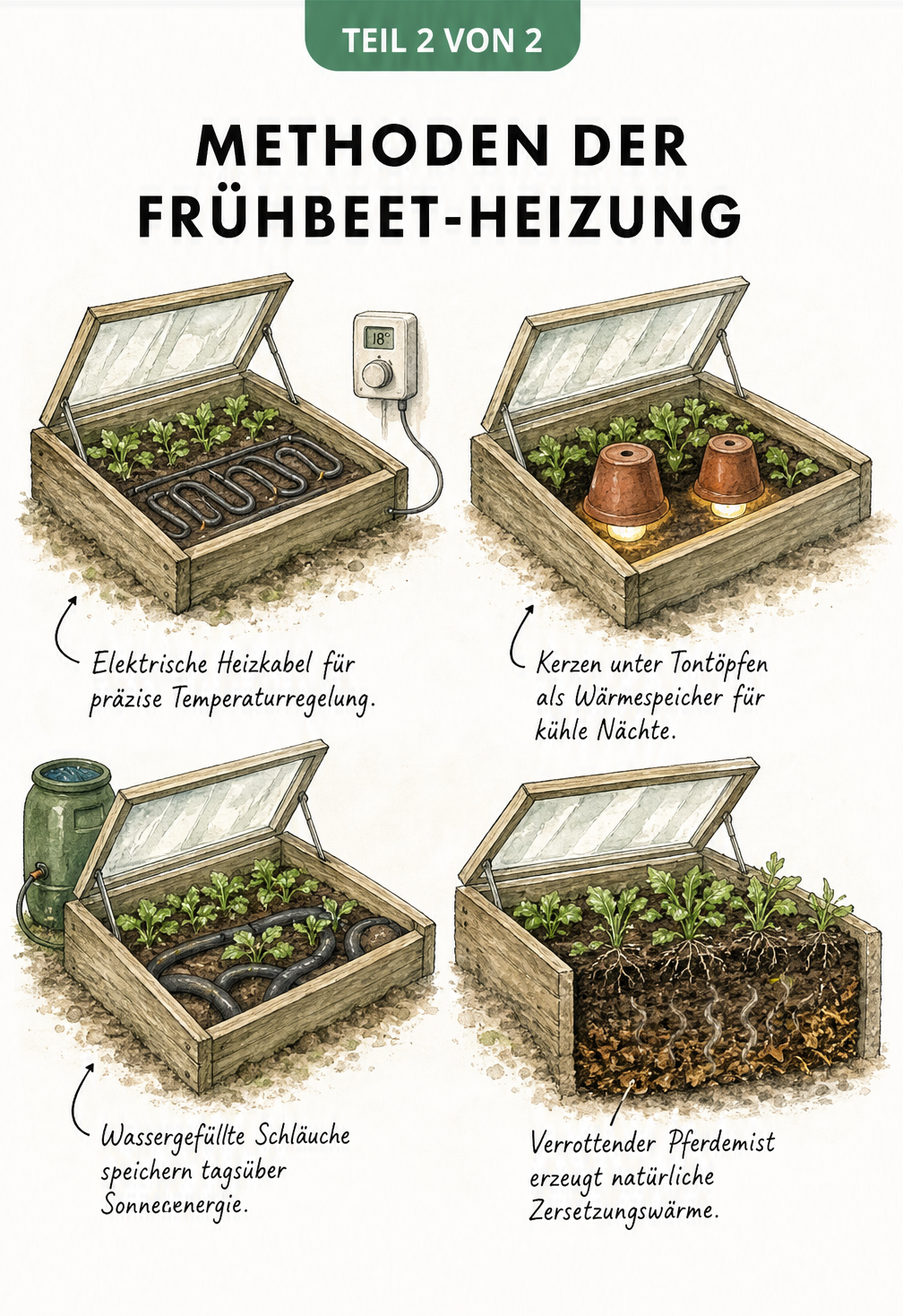 Vier Methoden zur Frühbeet-Heizung: Heizkabel, Kerzen unter Tontöpfen, Wasserschläuche und Pferdemist