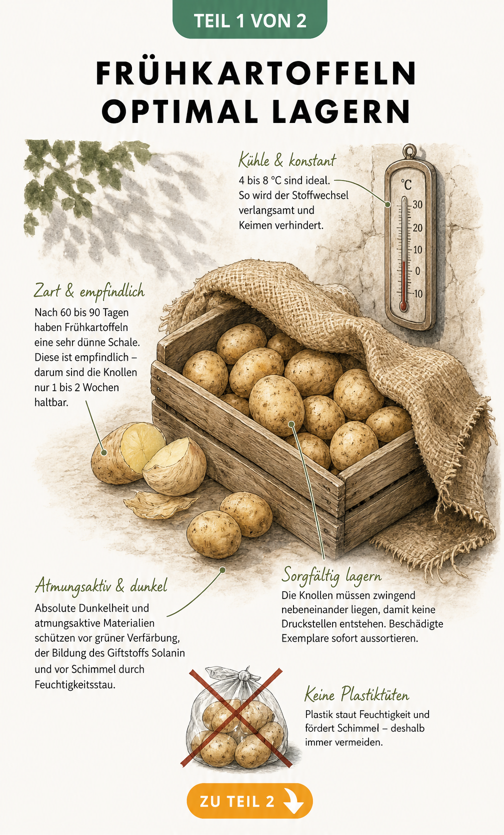 Illustration einer Holzkiste mit Frühkartoffeln, abgedeckt mit einem Jutetuch, daneben ein Thermometer mit der Idealtemperatur von 4 bis 8 Grad