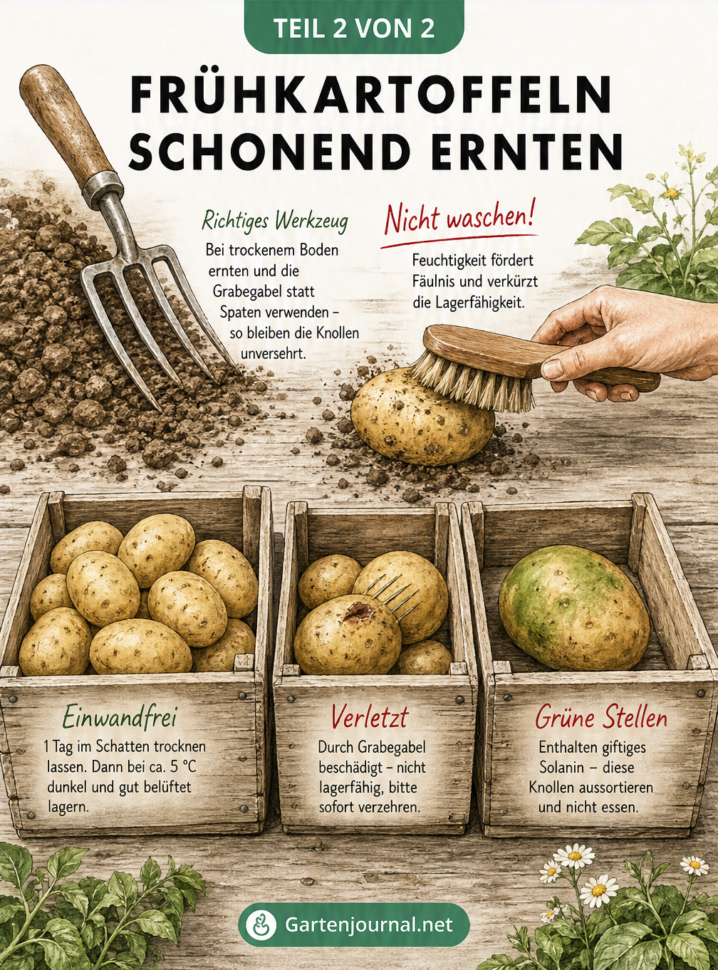 Zeichnung eines Pflanztisches mit Grabegabel, frisch geernteten Kartoffeln, einer Bürste zur Reinigung und Holzkisten zur Sortierung.