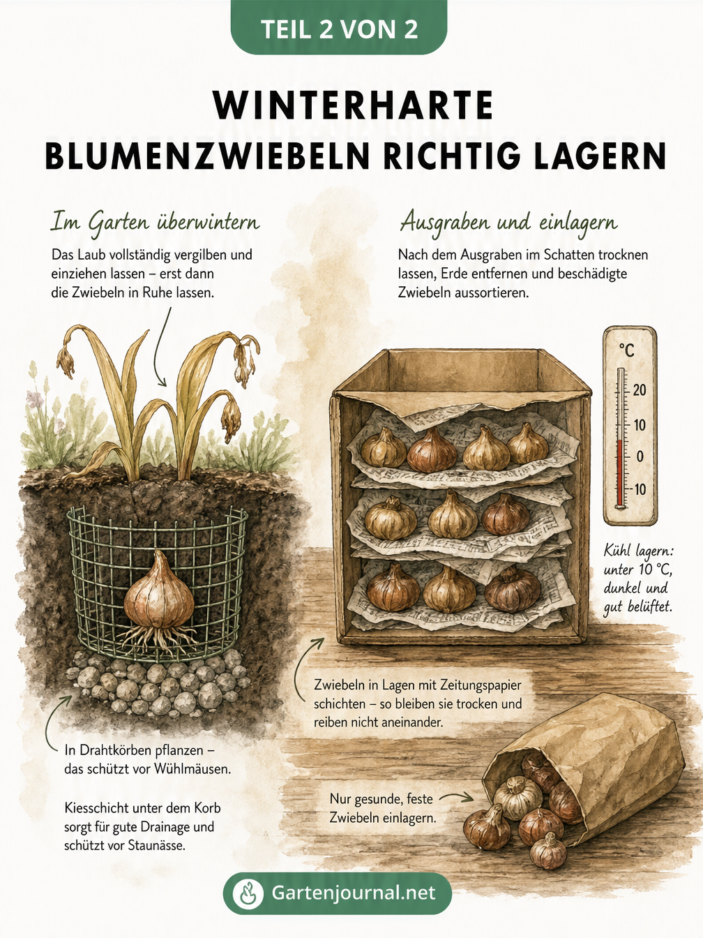 Zweigeteilte Illustration: Links eine Tulpenzwiebel im Erdquerschnitt mit Wühlmausschutz, rechts ausgegrabene Zwiebeln in einem Pappkarton bei unter 10 Grad.