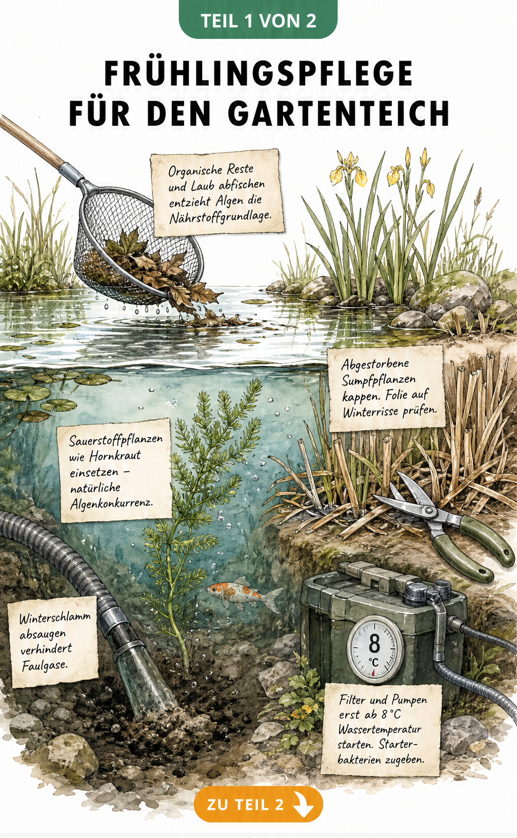 Querschnitt eines Gartenteichs mit Tipps zur Frühlingspflege wie Laub abfischen, Schlamm absaugen und Filter starten