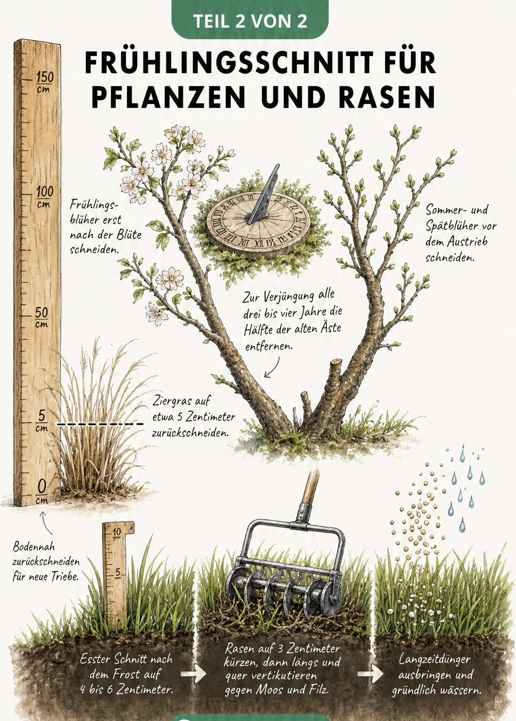 Illustration zum Frühlingsschnitt von Stauden, Gräsern und Sträuchern sowie zur Rasenpflege mit Vertikutieren und Düngen