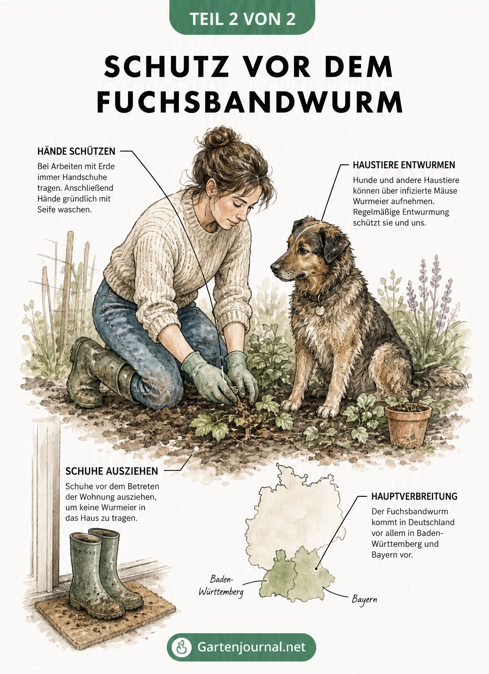 Illustration einer Person bei der Gartenarbeit mit Hund, die Präventionsmaßnahmen gegen den Fuchsbandwurm wie Handschuhe tragen und Haustiere entwurmen zeigt.