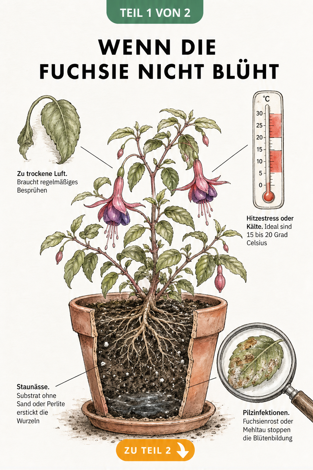 Botanische Illustration einer Fuchsie im Terrakottatopfe mit Markierungen für Pflegefehler wie zu trockene Luft, falsche Temperatur, Staunässe und...