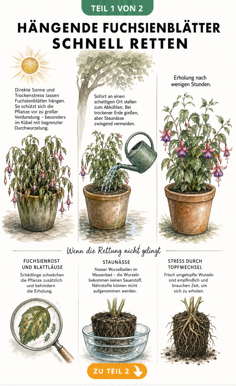 Illustration einer Fuchsie mit hängenden Blättern bei Hitze und der Erholung nach dem Gießen und Schattieren