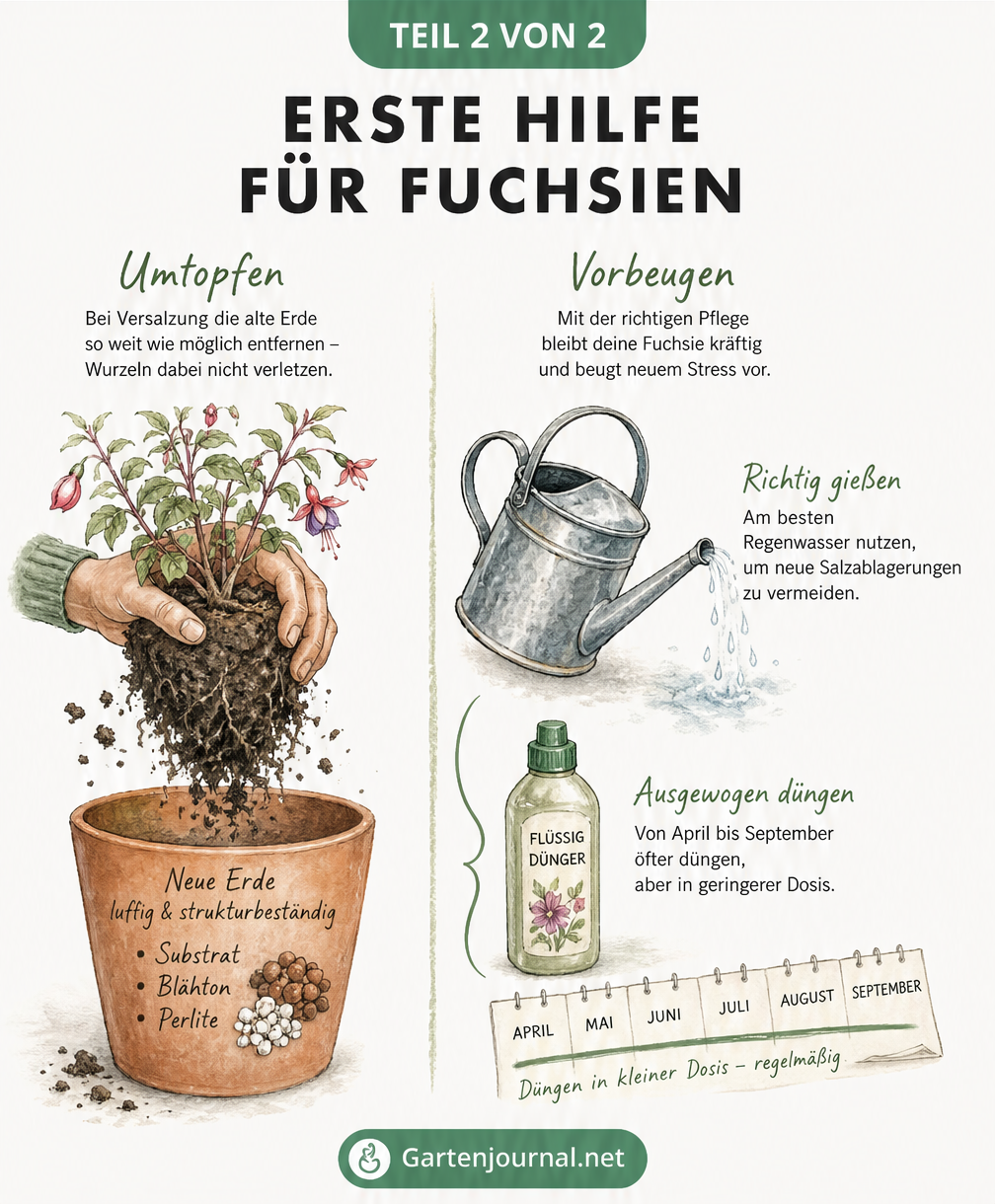 Illustration zum Umtopfen einer Fuchsie in frische Erde und zur Vorbeugung durch Gießen mit Regenwasser und richtiges Düngen.
