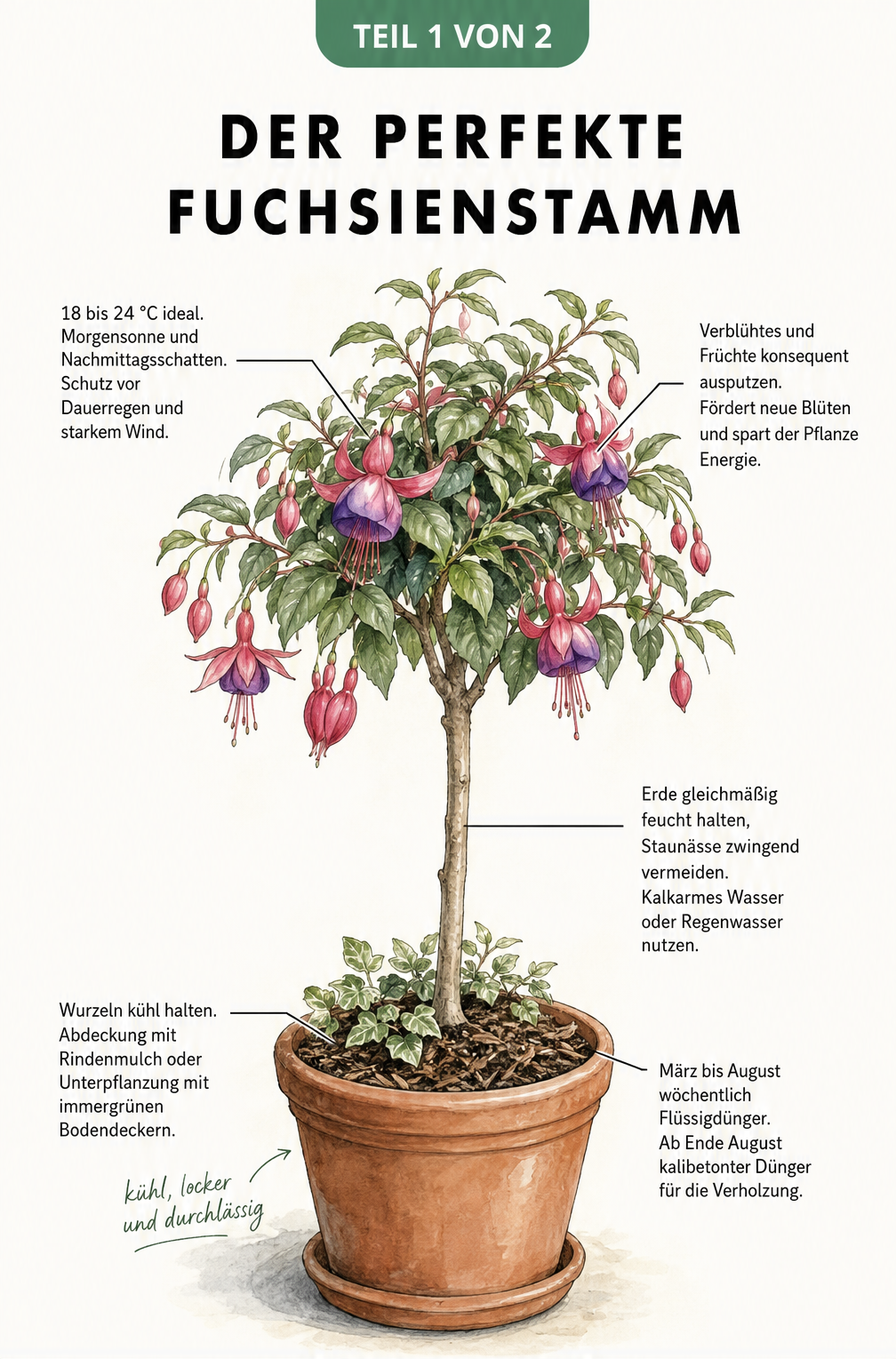 Botanische Illustration eines blühenden Fuchsienstämmchens im Terrakottatopf mit Hinweisen zu Standort, Gießen und Düngen
