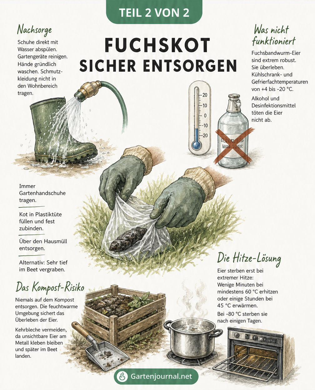 Zeichnung zur sicheren Entsorgung von Fuchskot mit Handschuhen und Plastiktüte sowie Hinweisen zu Hitze, Frost und Kompost.