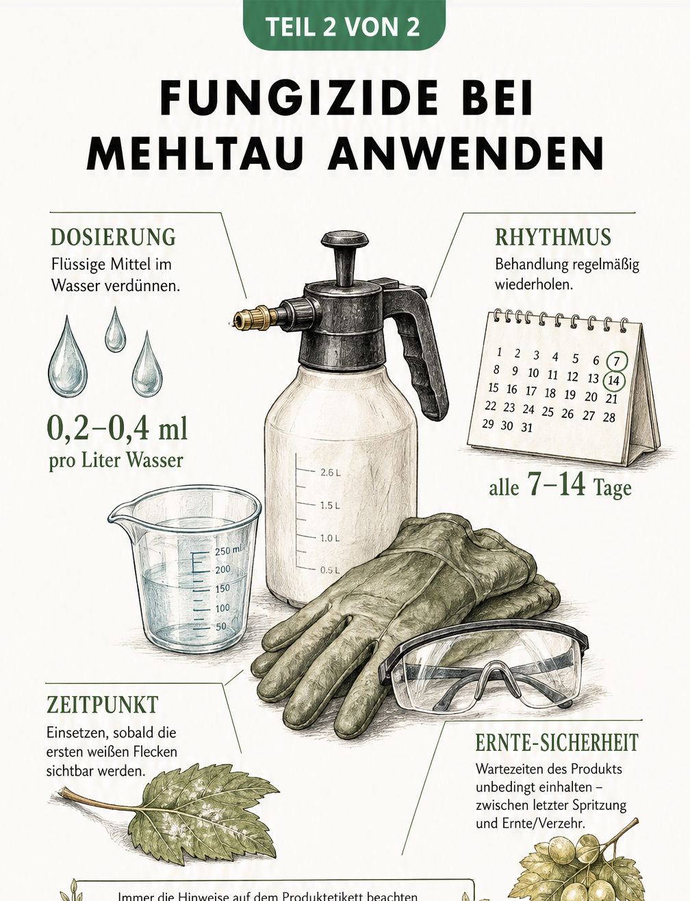 Technische Zeichnung von Sprühflasche, Messbecher und Schutzhandschuhen zur Anwendung von Fungiziden bei Mehltau