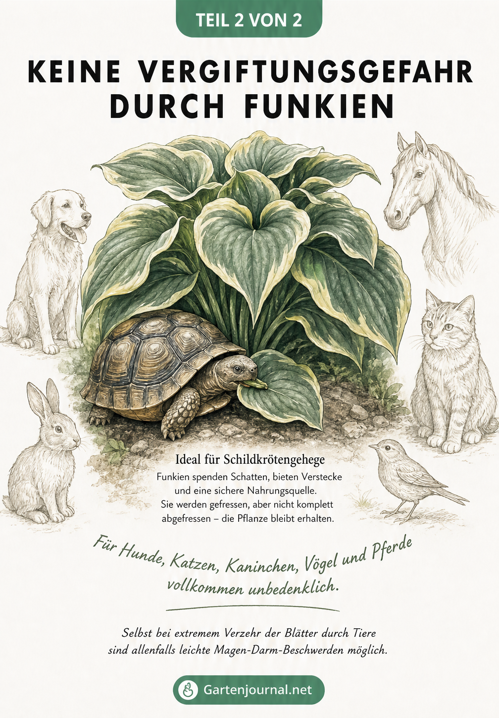 Illustration einer Funkie mit verschiedenen Tieren wie Schildkröte, Hund und Katze, die die Unbedenklichkeit für Haustiere zeigt.