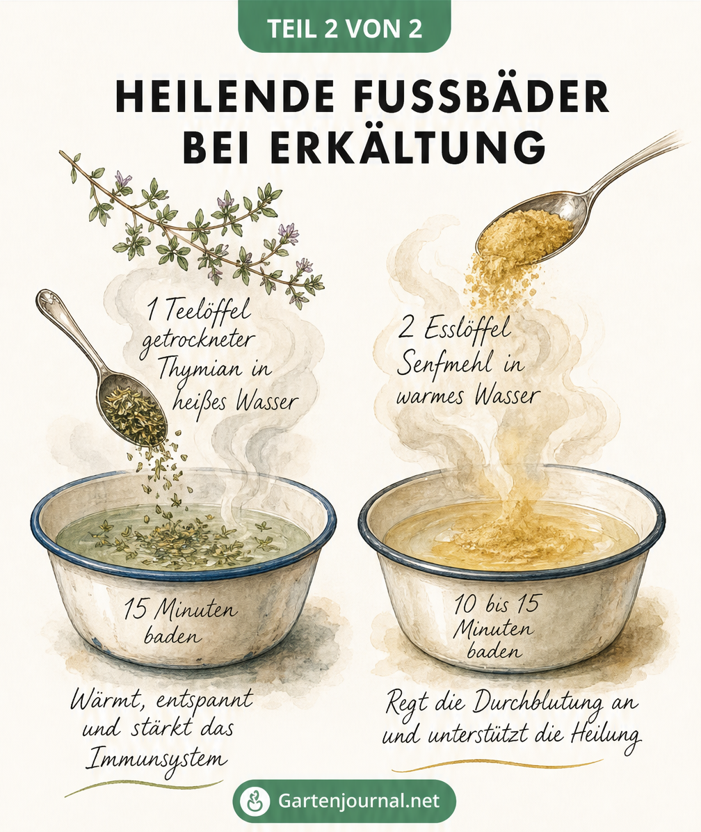 Illustration von zwei Fußbädern mit Thymian und Senfmehl zur Linderung von Erkältungssymptomen