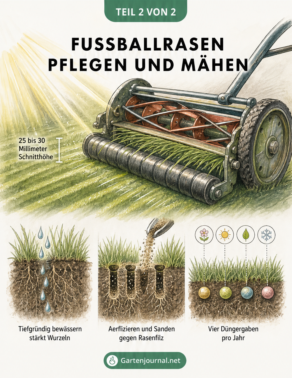 Nahaufnahme eines Spindelmähers beim Rasenschnitt mit Detailfenstern zu Bewässerung, Aerifizieren und Düngung