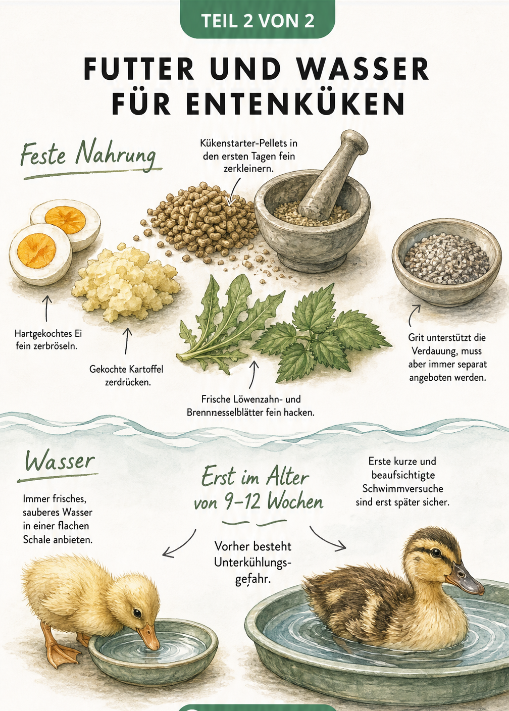 Illustration von Futter und Wasser für Entenküken mit Kükenstarter, frischen Kräutern und flachen Wasserschalen