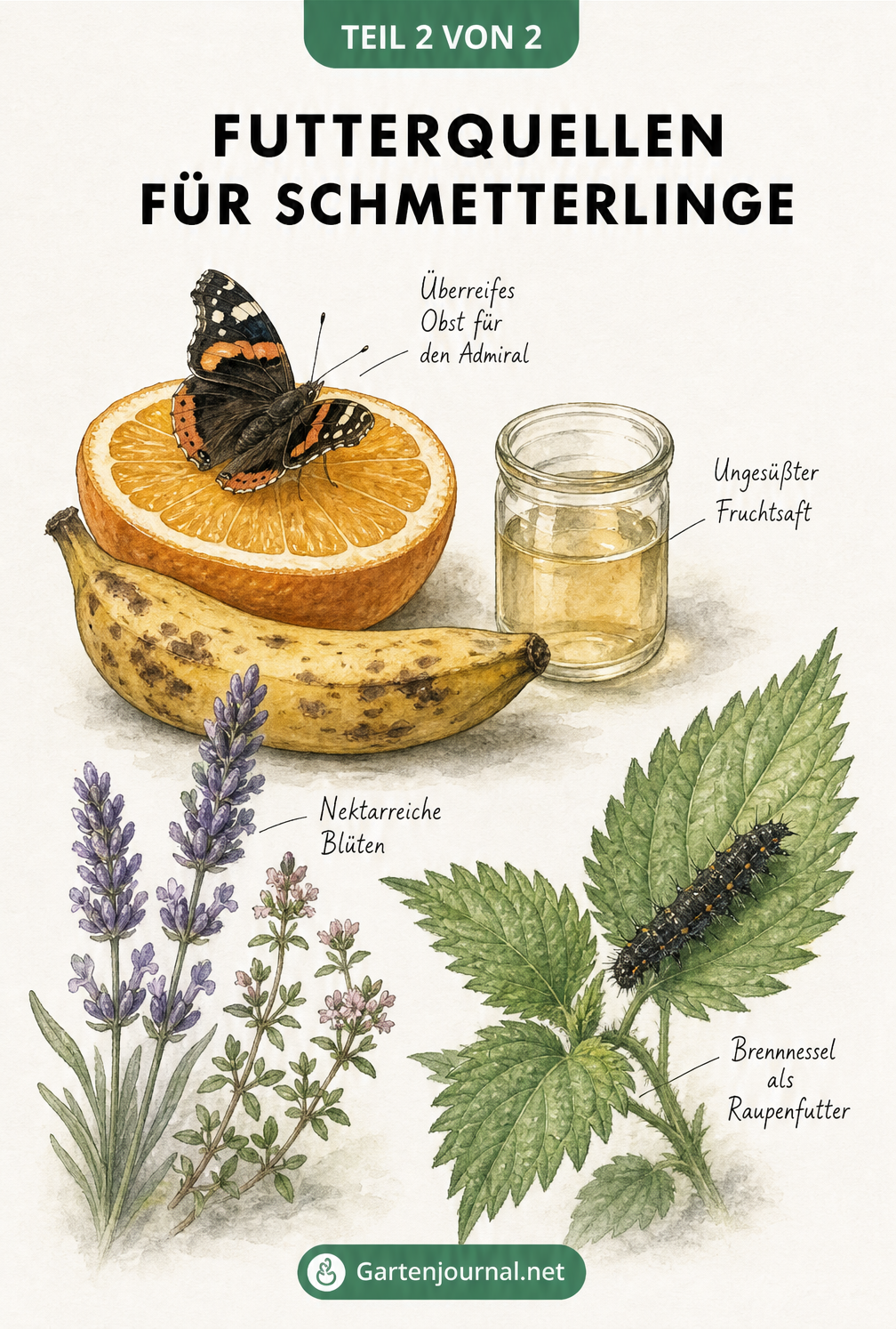 Aquarell-Zeichnung von überreifem Obst, Fruchtsaft, Lavendel, Thymian und einer Brennnessel mit Raupe als Futterquellen