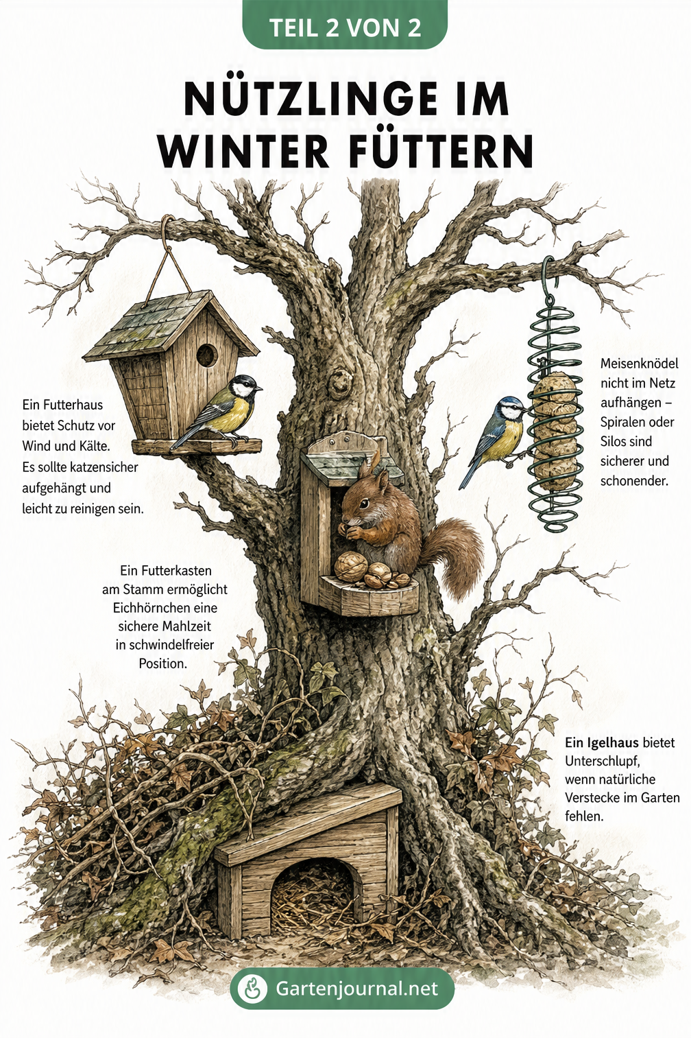 Illustration eines alten Obstbaums mit verschiedenen Futter- und Niststationen für Vögel, Eichhörnchen und Igel im Winter.