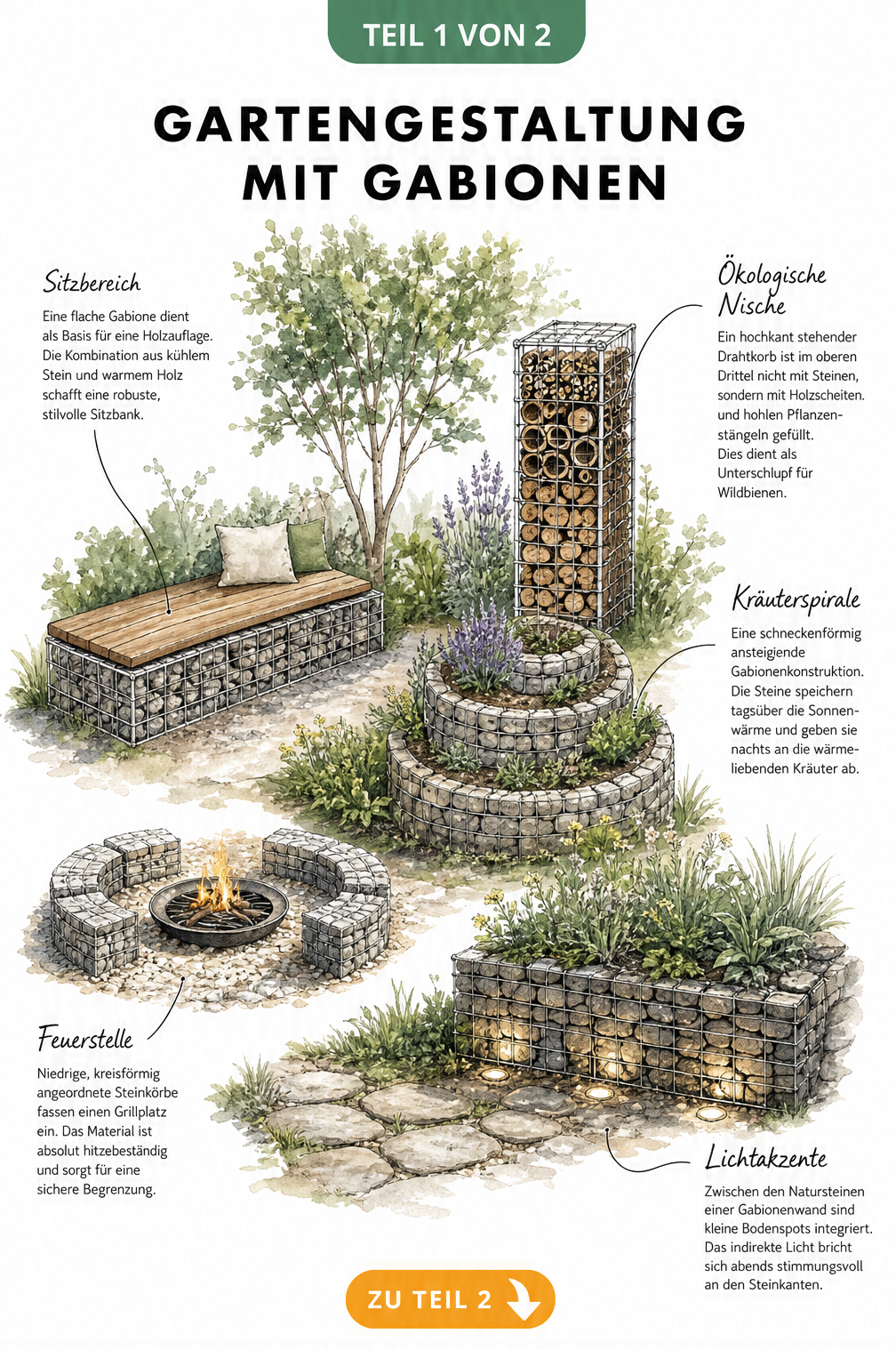 Aquarell-Zeichnung einer Gartenlandschaft mit Gabionen als Sitzbank, Kräuterspirale, Feuerstelle und Insektenhotel