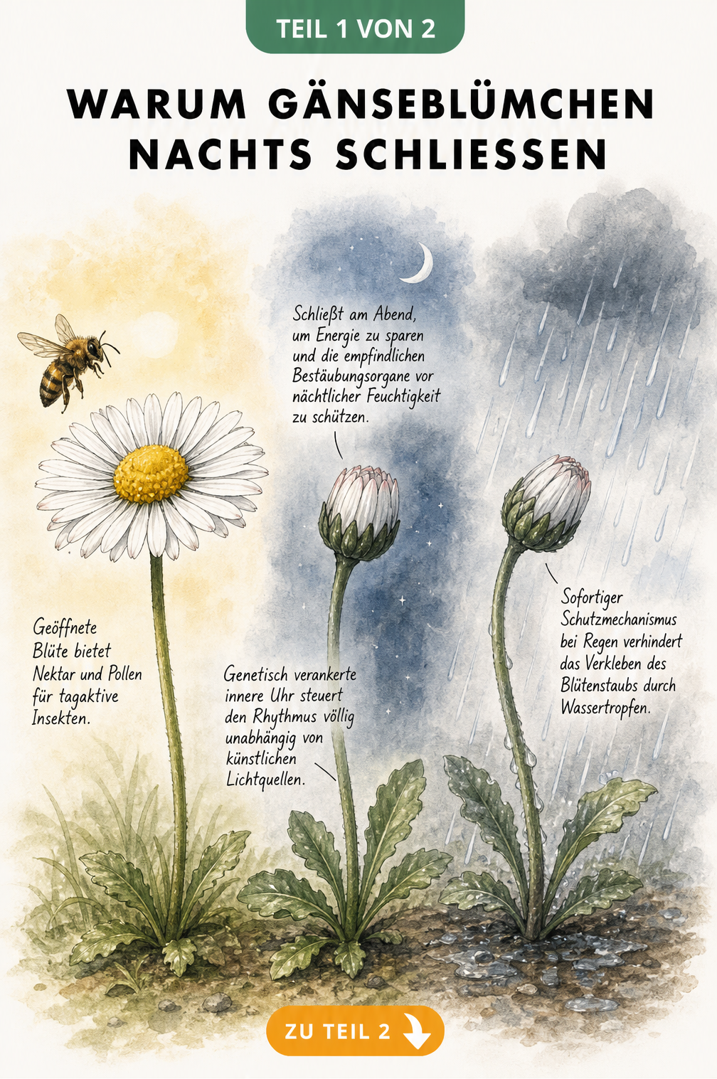 Illustration eines Gänseblümchens bei Tag, Nacht und Regen, die zeigt, warum und wie sich die Blüte schließt.