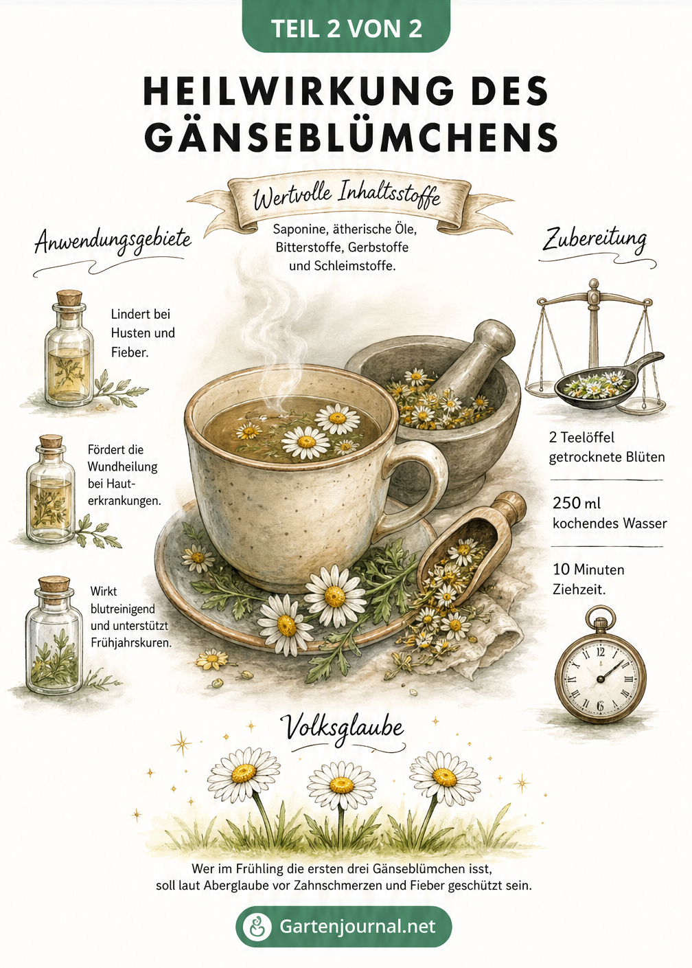 Illustration einer Teetasse mit Gänseblümchen, Mörser und Informationen zu Inhaltsstoffen, Zubereitung und Anwendungsgebieten
