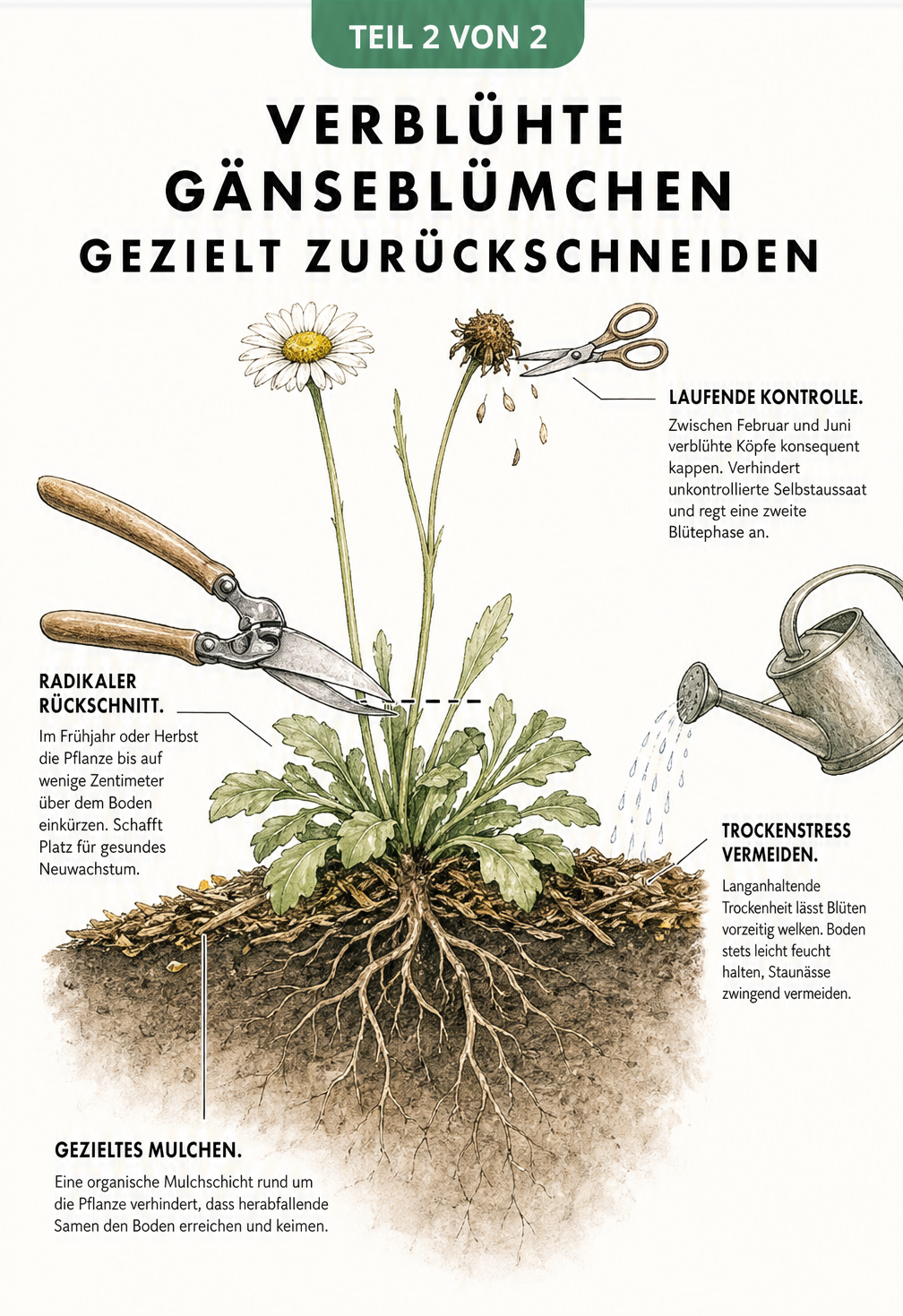 Querschnitt-Illustration eines Gänseblümchens im Beet mit Tipps zu Rückschnitt, Mulchen und Bewässerung