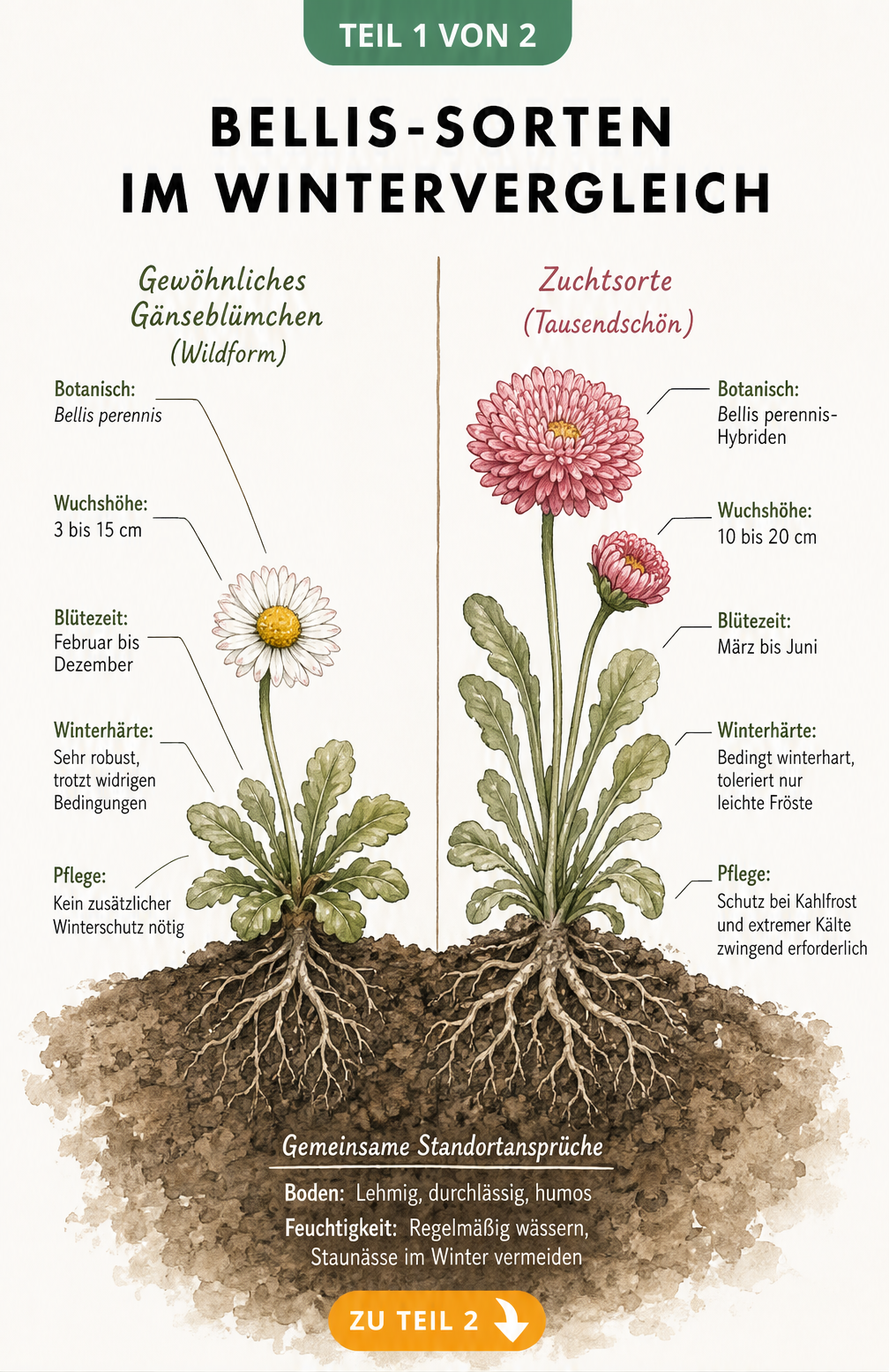 Botanische Gegenüberstellung von wildem Gänseblümchen und Zuchtsorte Tausendschön mit Wuchshöhe und Winterhärte