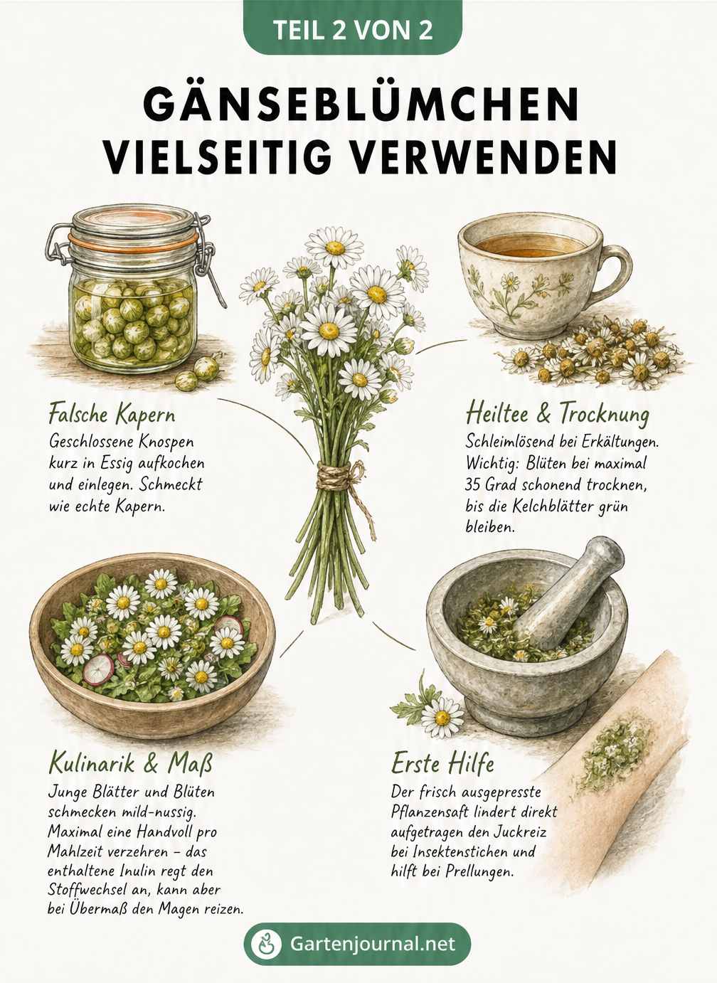 Illustration verschiedener Verwendungsmöglichkeiten von Gänseblümchen: als falsche Kapern, Heiltee, im Salat und als Erste-Hilfe-Mittel.