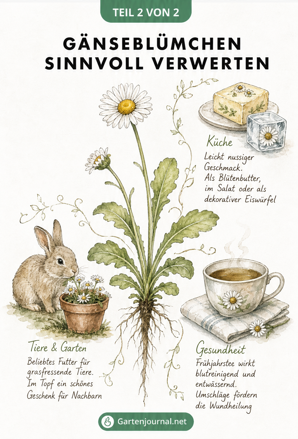 Botanische Illustration eines Gänseblümchens mit Beispielen zur Verwertung: Blütenbutter, Heiltee und als Futter für Kaninchen.