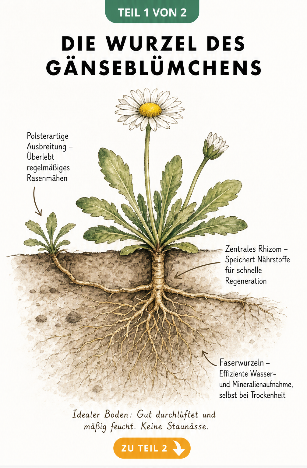 Botanische Schnittzeichnung der Gänseblümchenwurzel mit Rhizom und Faserwurzeln