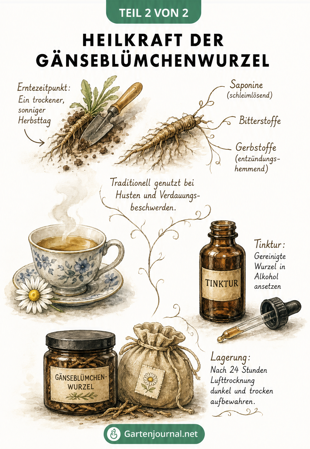 Illustration zur Heilkraft der Gänseblümchenwurzel mit Tee und Tinktur