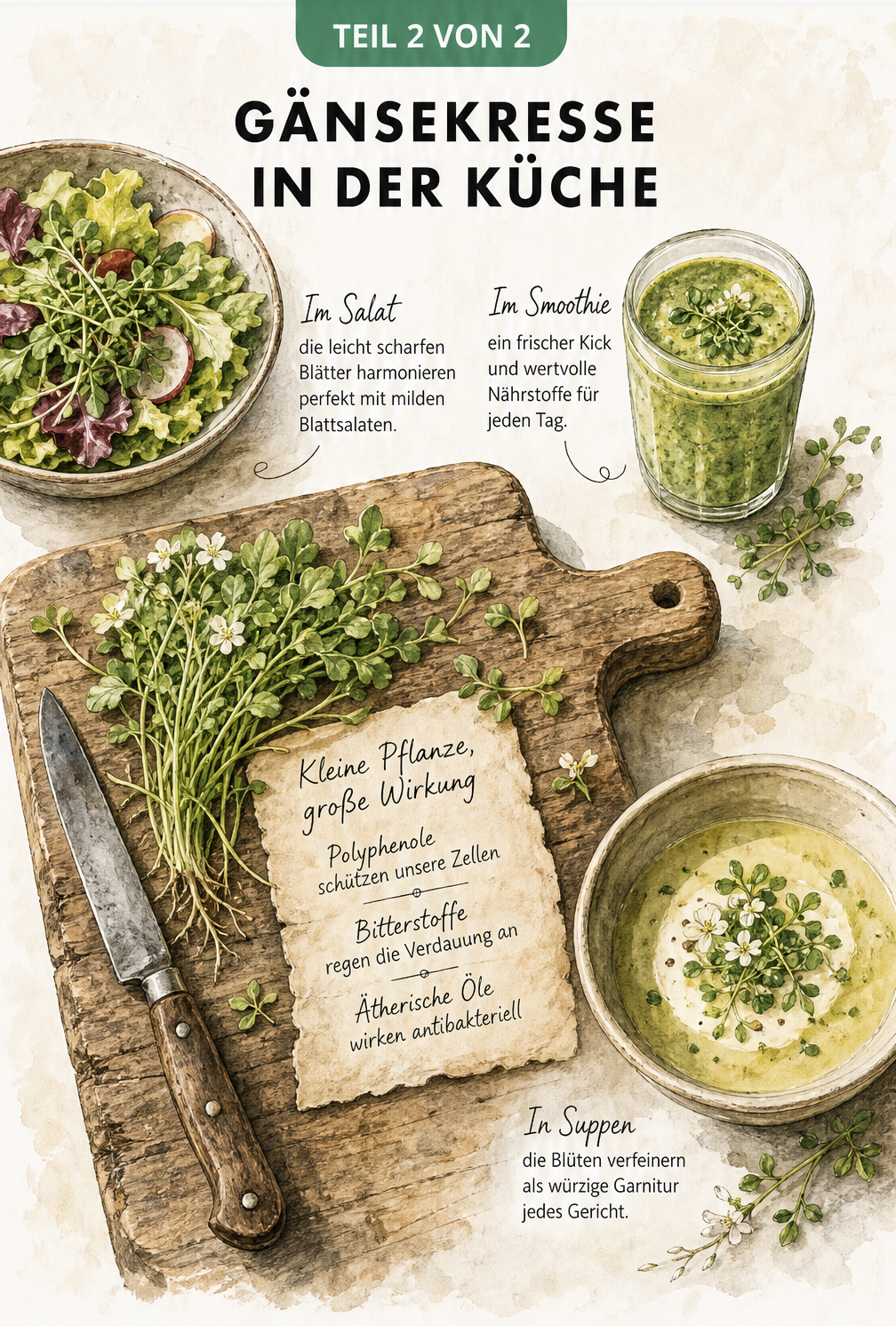 Illustration eines Holzschneidebretts mit frischer Gänsekresse, umgeben von Salat, Smoothie und Suppe