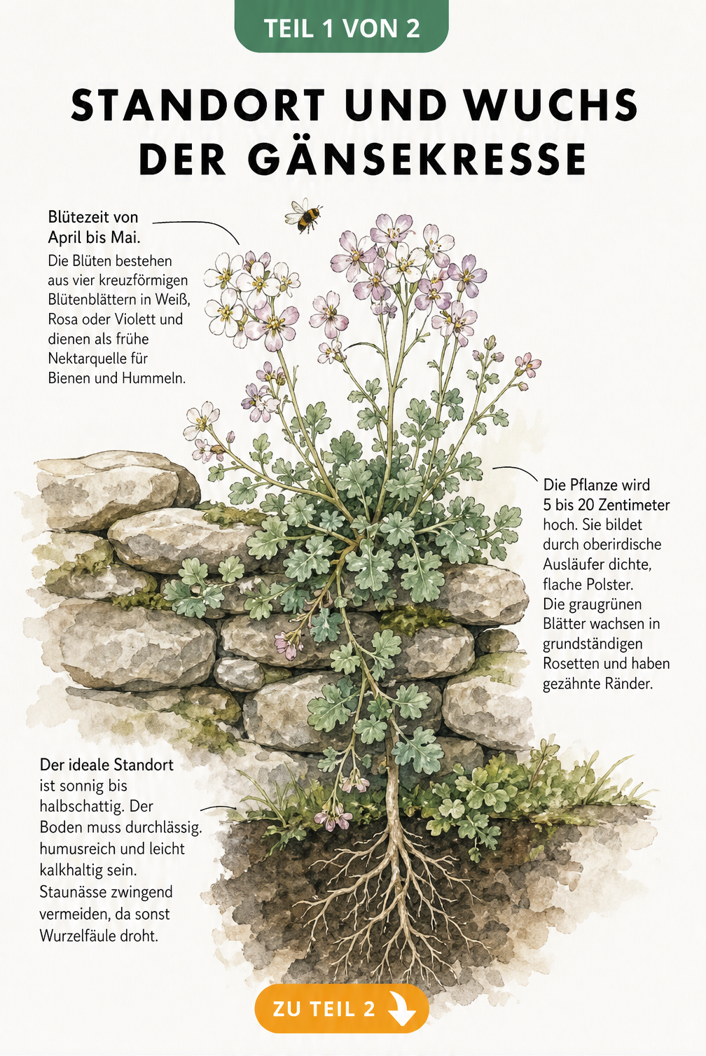 Botanische Illustration der Gänsekresse an einer Trockenmauer mit Details zu Blütezeit, Wuchs und Standort