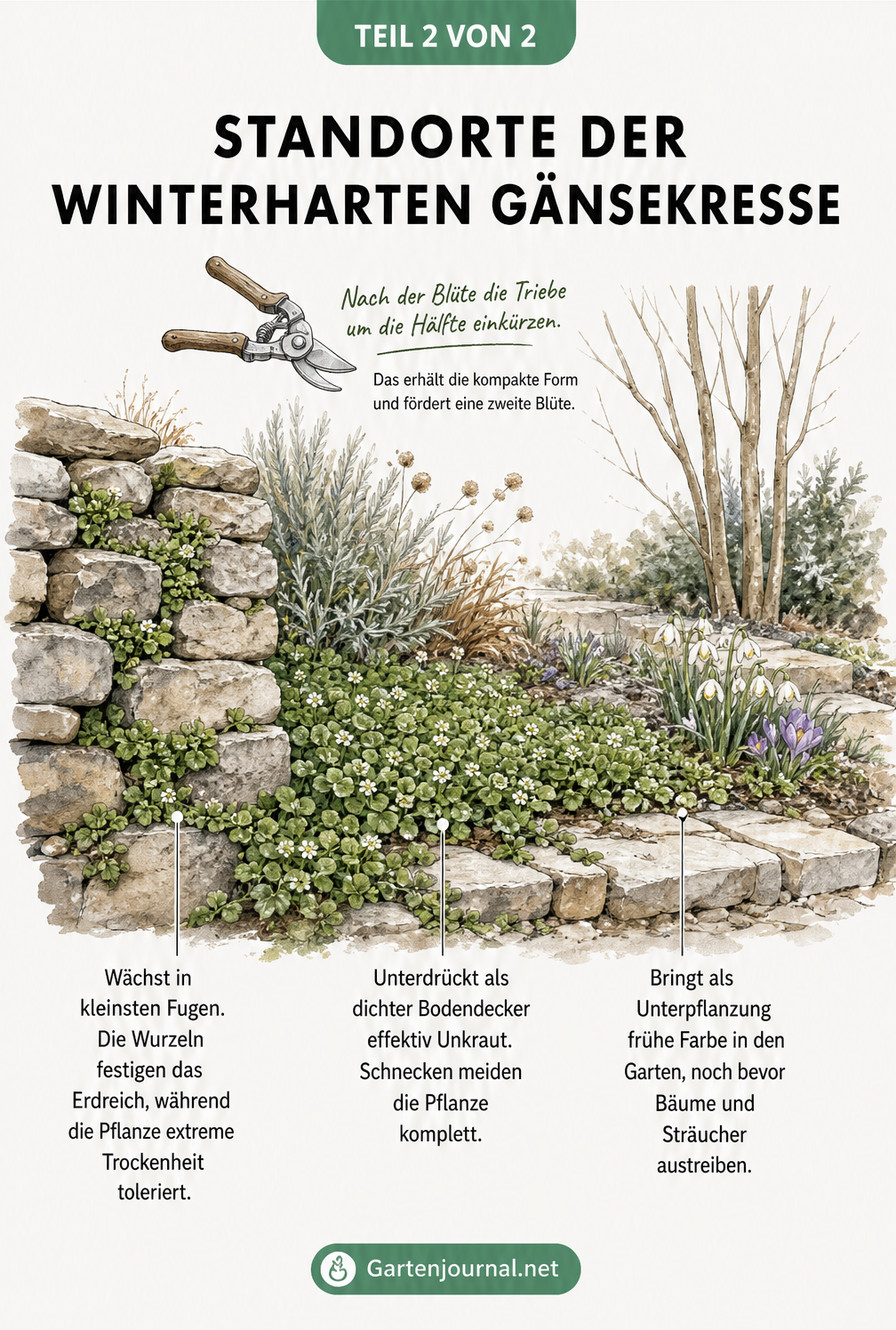Gartenszene mit Gänsekresse an Trockenmauer, im Beet und als Gehölzunterpflanzung