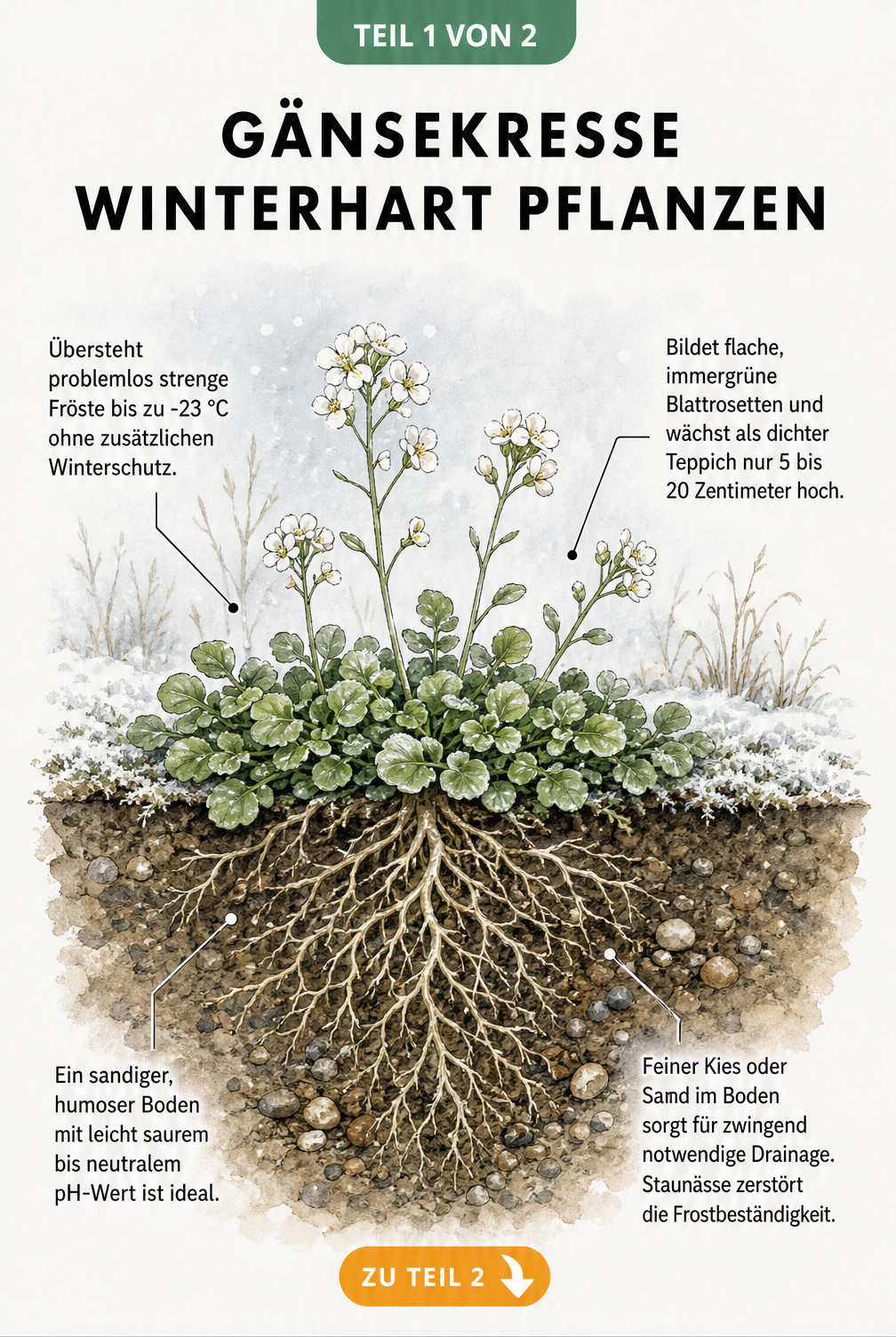 Botanische Querschnitt-Darstellung der Gänsekresse mit Wurzelwerk und Bodenstruktur im Winter