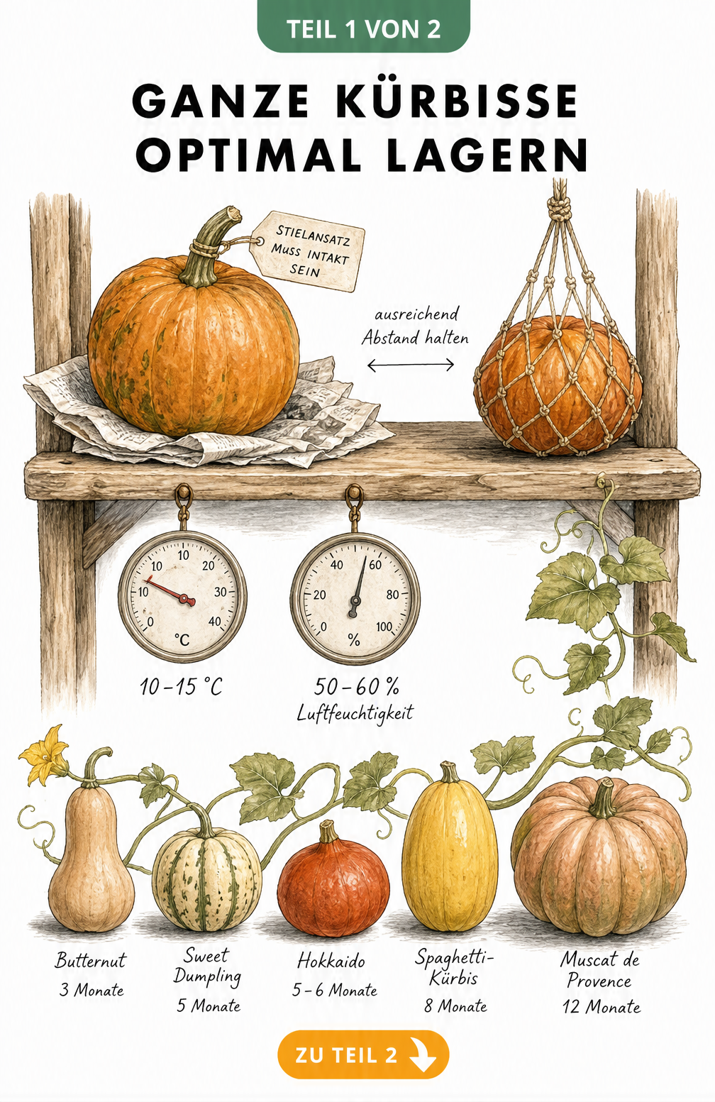 Illustration eines Holzregals zur Lagerung ganzer Kürbisse mit Temperatur- und Feuchtigkeitsangaben sowie einer Zeitachse zur Haltbarkeit verschiedener Sorten