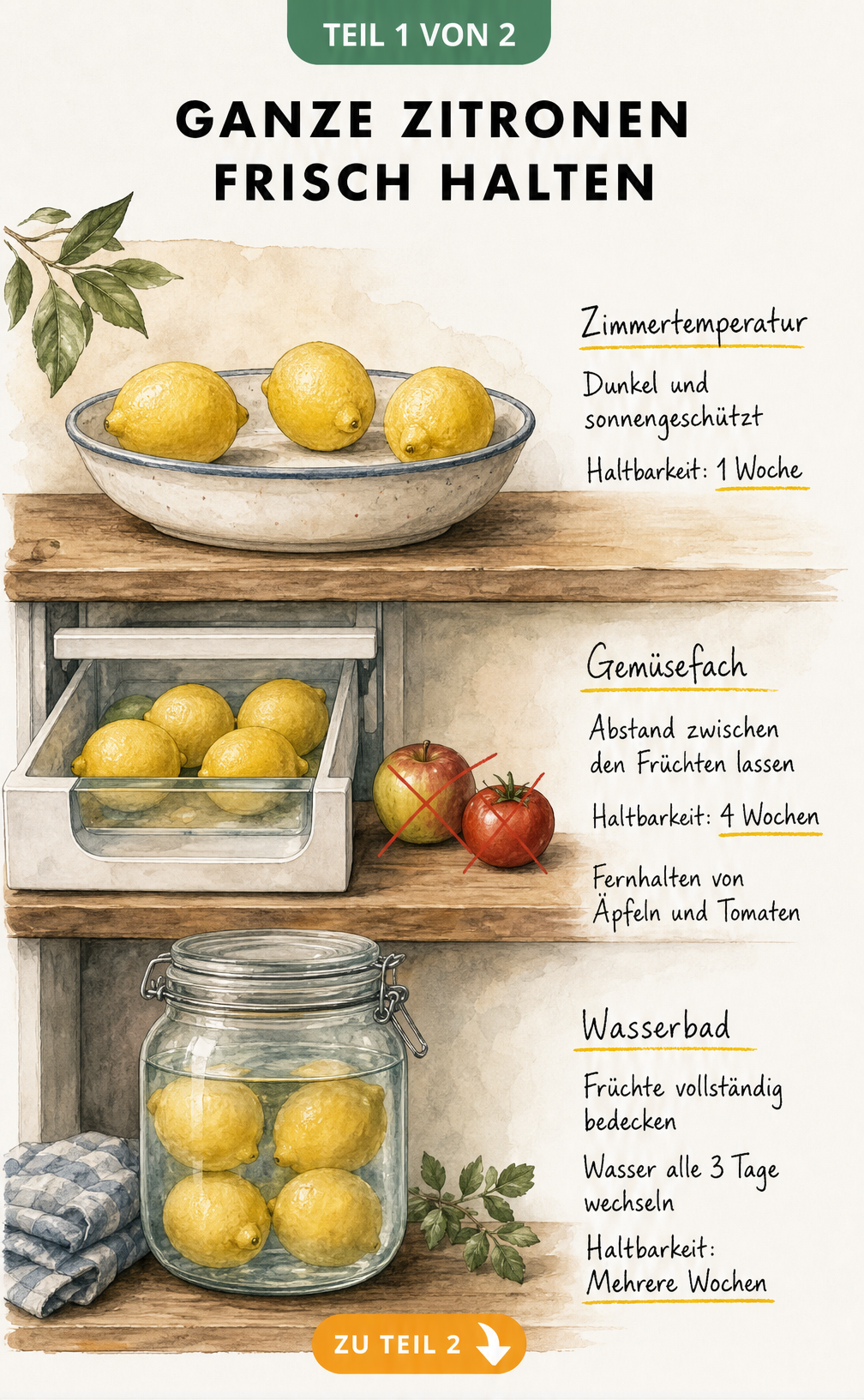 Illustration von drei Lagerungsmethoden für ganze Zitronen: Zimmertemperatur, Gemüsefach und Wasserbad