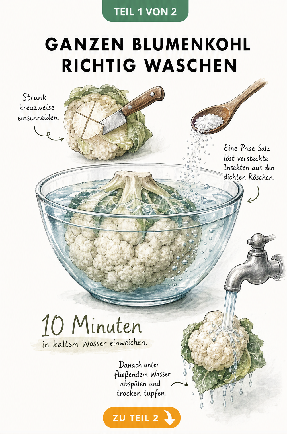 Illustration eines ganzen Blumenkohls in einer Schüssel mit Wasser, Salz und einem Messer zum Einschneiden des Strunks.