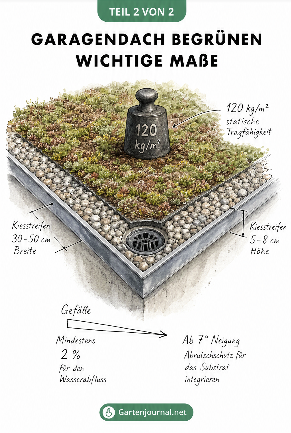 Draufsicht auf eine begrünte Garagendachecke mit Kiesstreifen, Dachablauf, Sedum-Bewuchs und Angaben zu Gefälle und Traglast.
