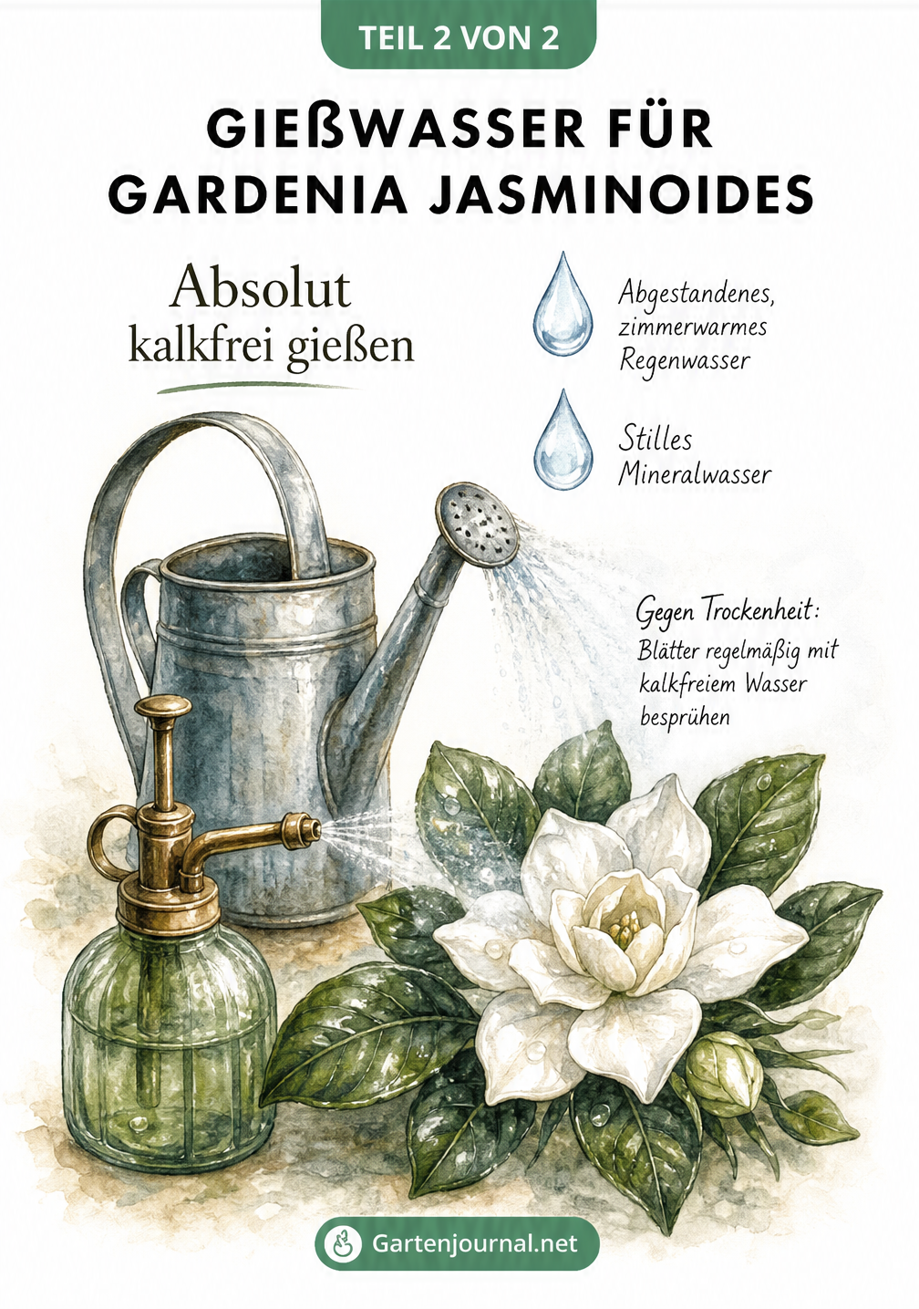 Aquarell-Illustration einer Gießkanne, Sprühflasche und Gardenienblüte mit Hinweisen zum kalkfreien Gießen.