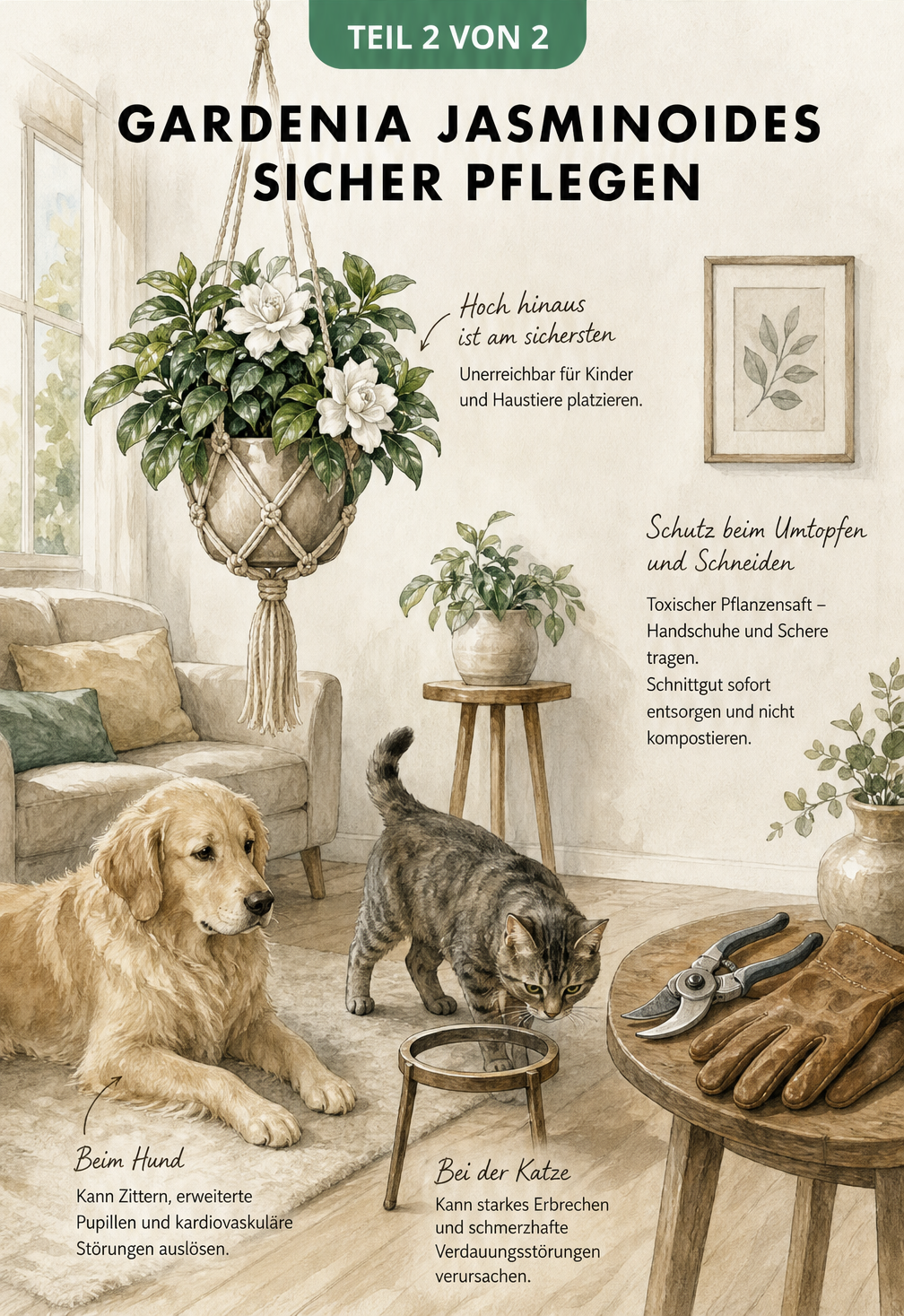 Illustration eines Wohnraums mit einer hängenden Gardenia jasminoides und Hinweisen zur Sicherheit für Hunde und Katzen